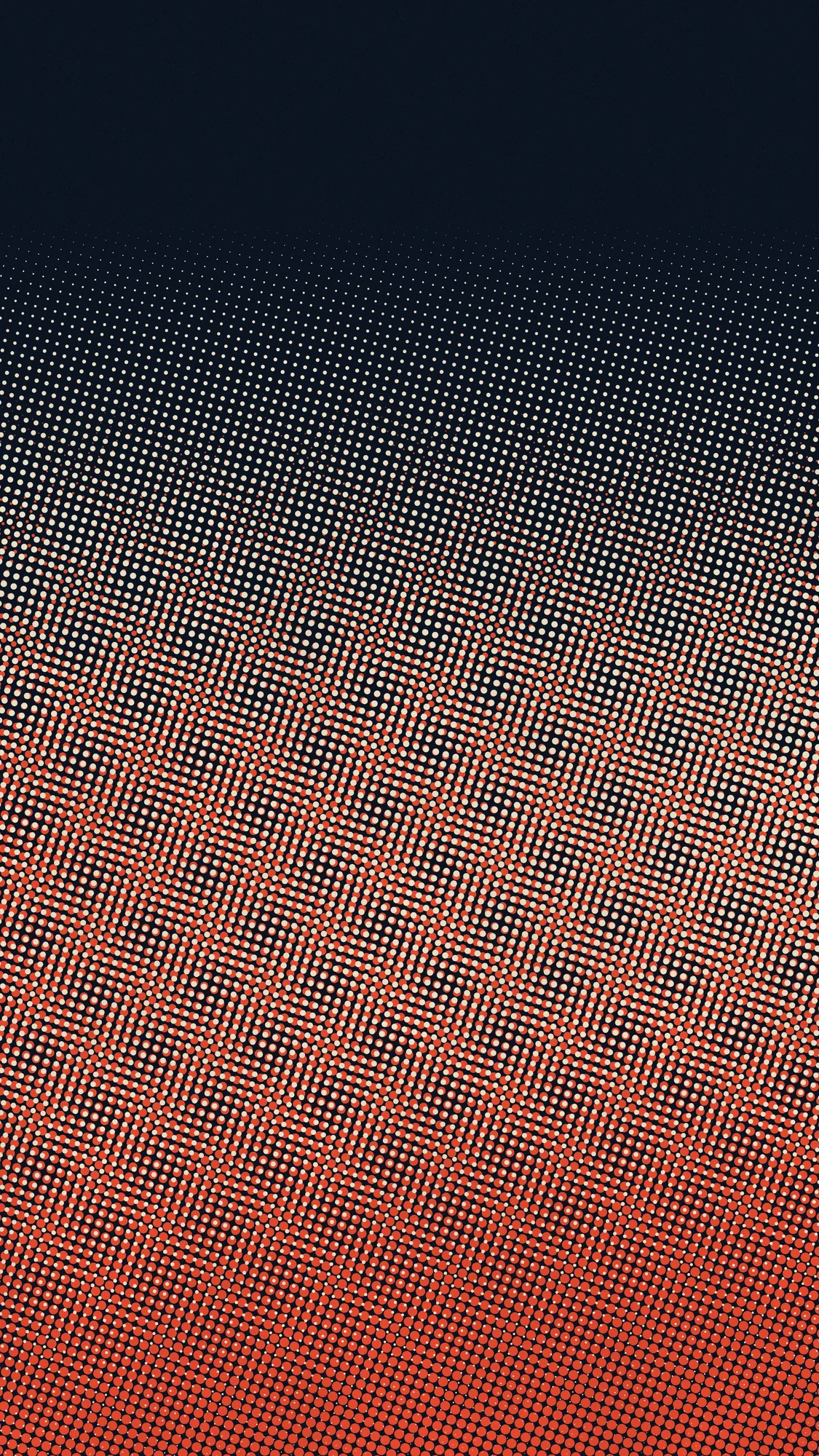 Halftone Moire: Two slightly rotated halftone dot screens, cream and vermilion, interfere into rippling moire bands on near-black.