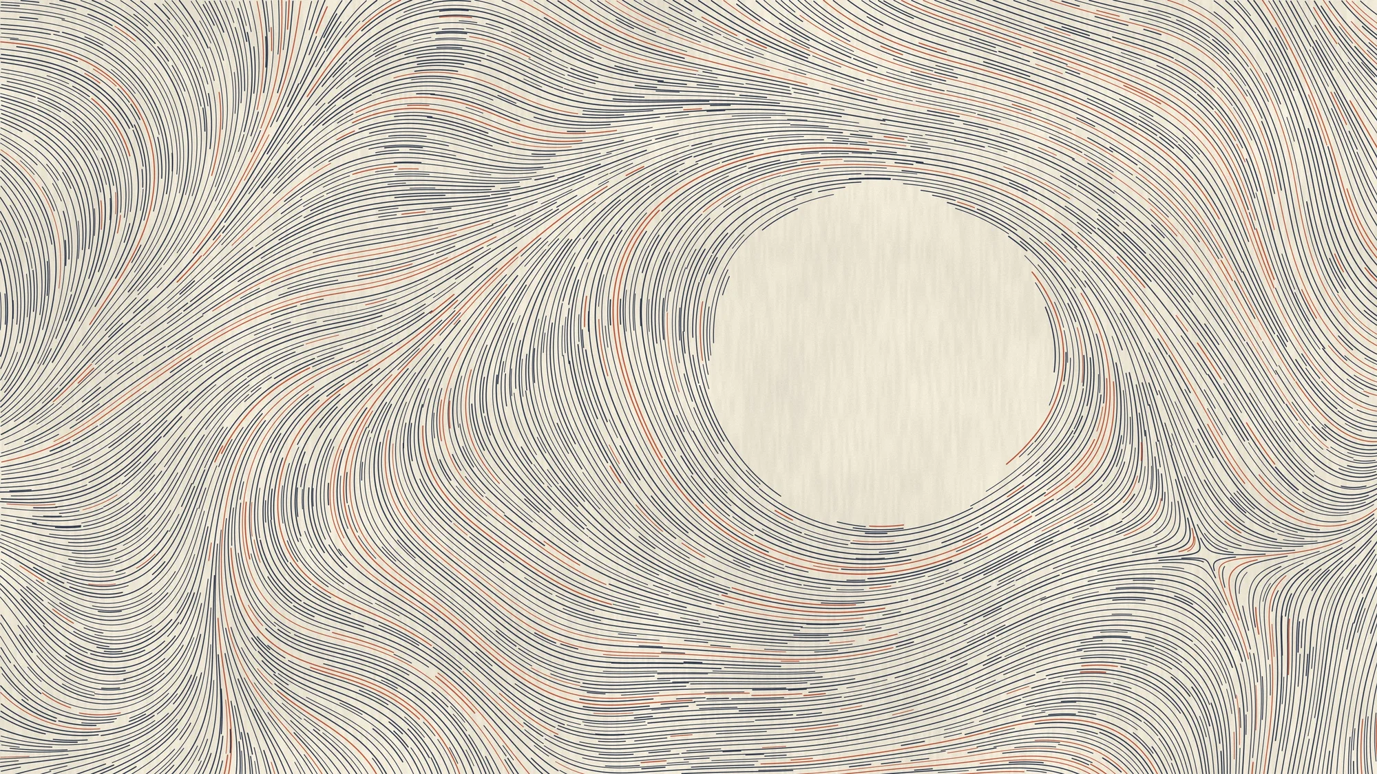Ink Flow: Thousands of evenly spaced pen lines curve around an empty disc, mostly blue-black with rust accents on cream paper.