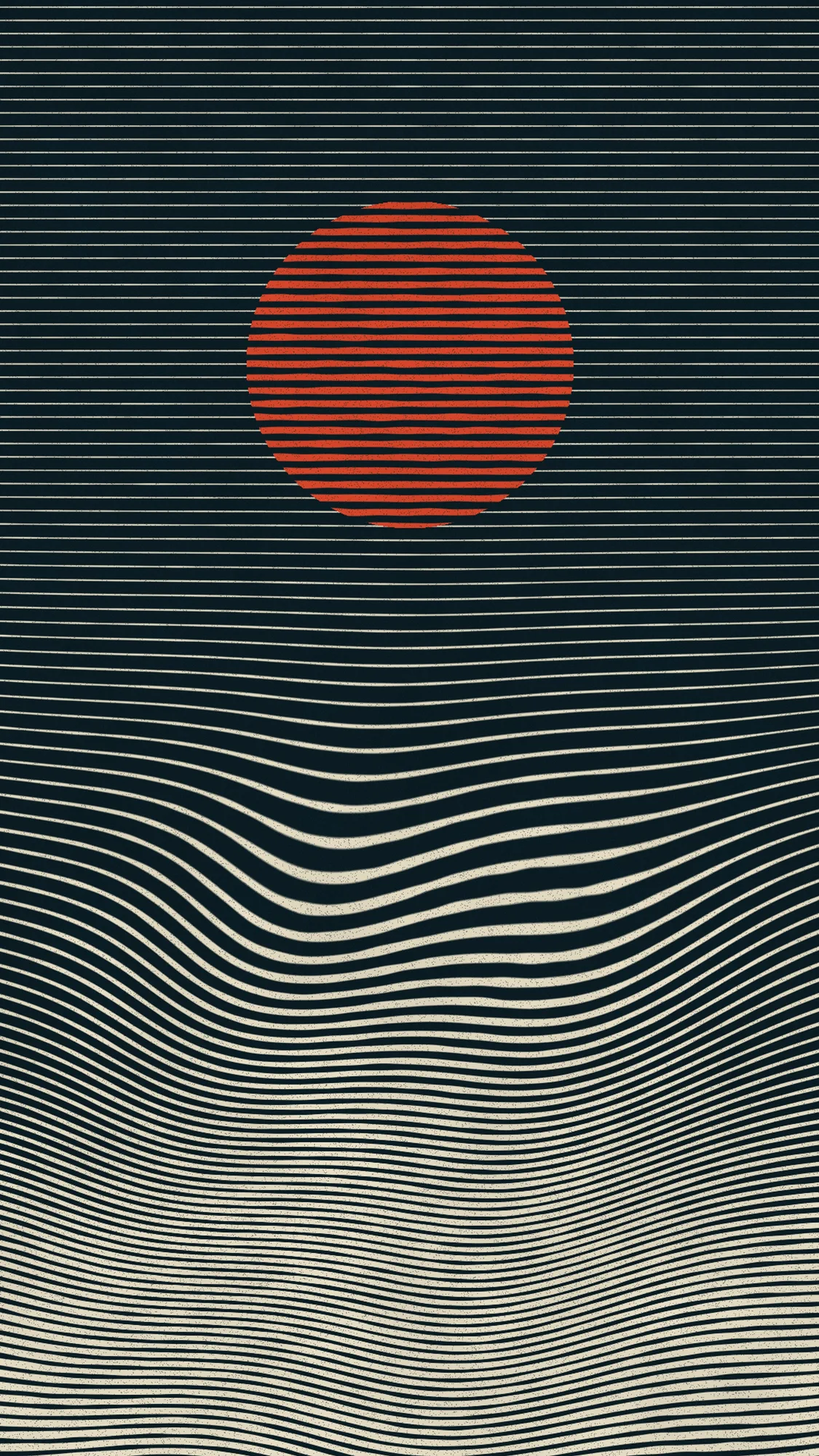Linocut Wave: Carved parallel lines swell into a single rolling wave beneath a vermilion sun, printed cream on dark teal ink.