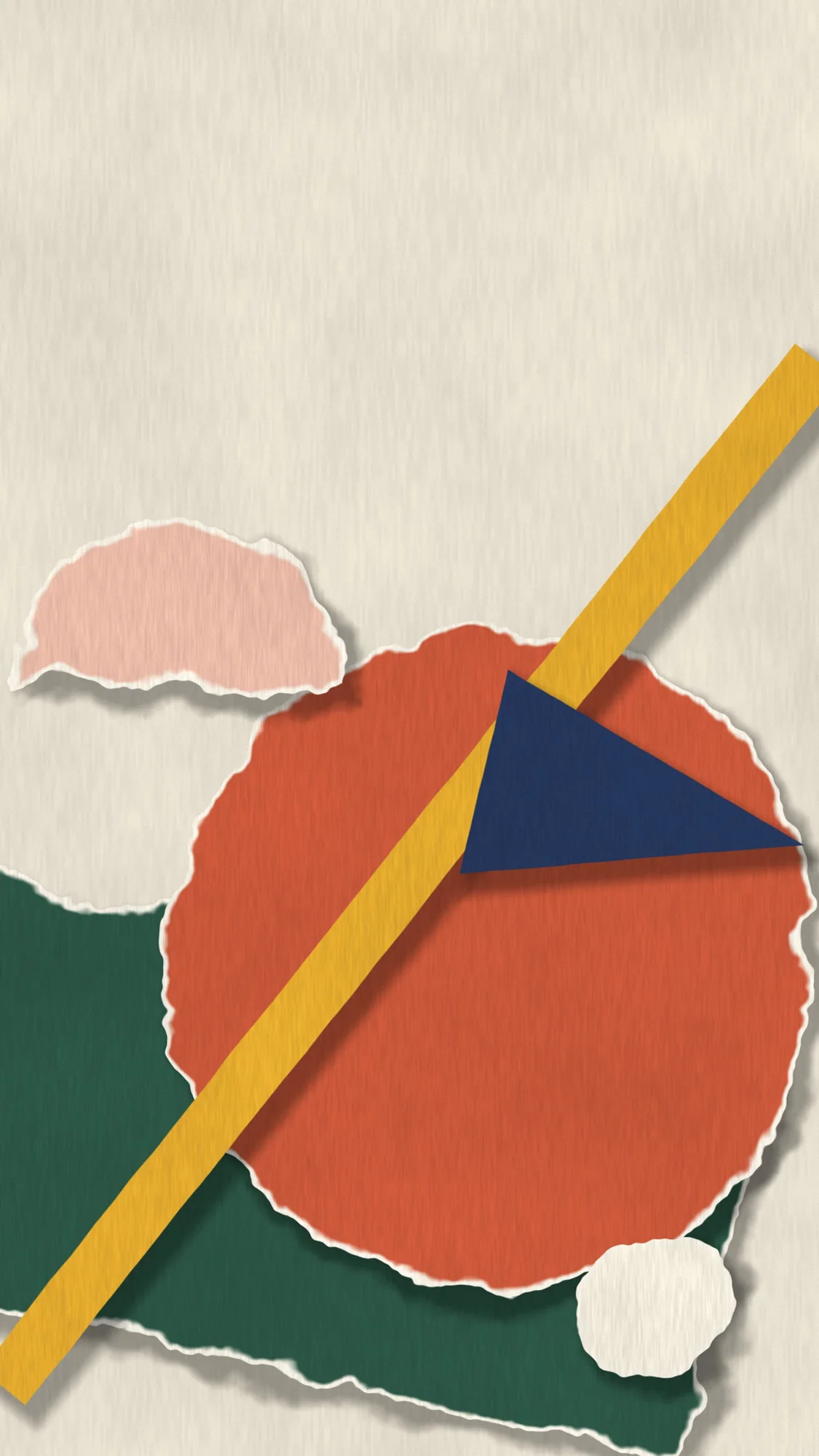 Paper Collage: Torn terracotta, forest-green and mustard paper shapes layered with soft cast shadows on warm stock.