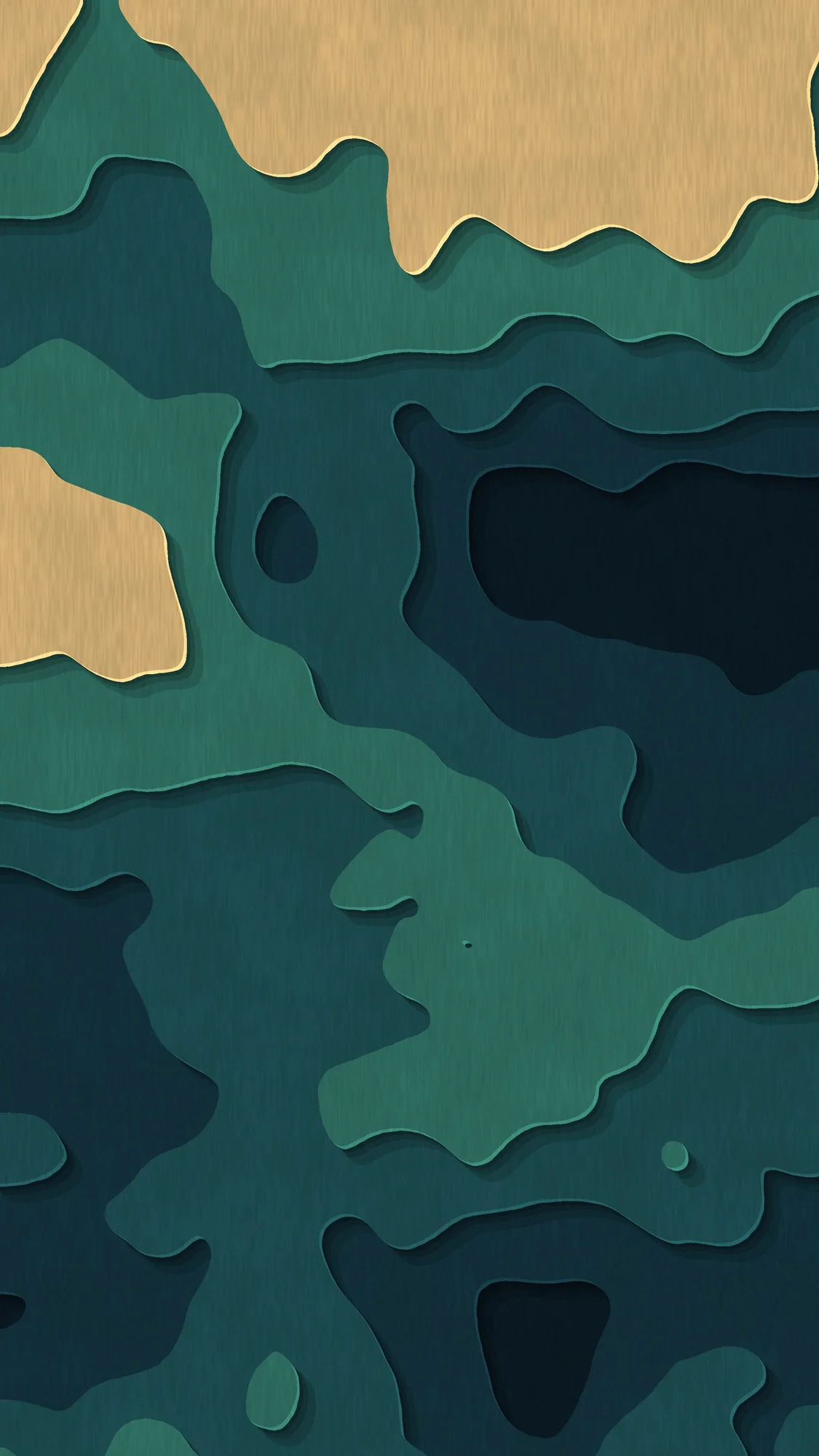 Paper Topography: Five stacked layers of cut paper from deep teal to sand form a contour map with crisp cast shadows.