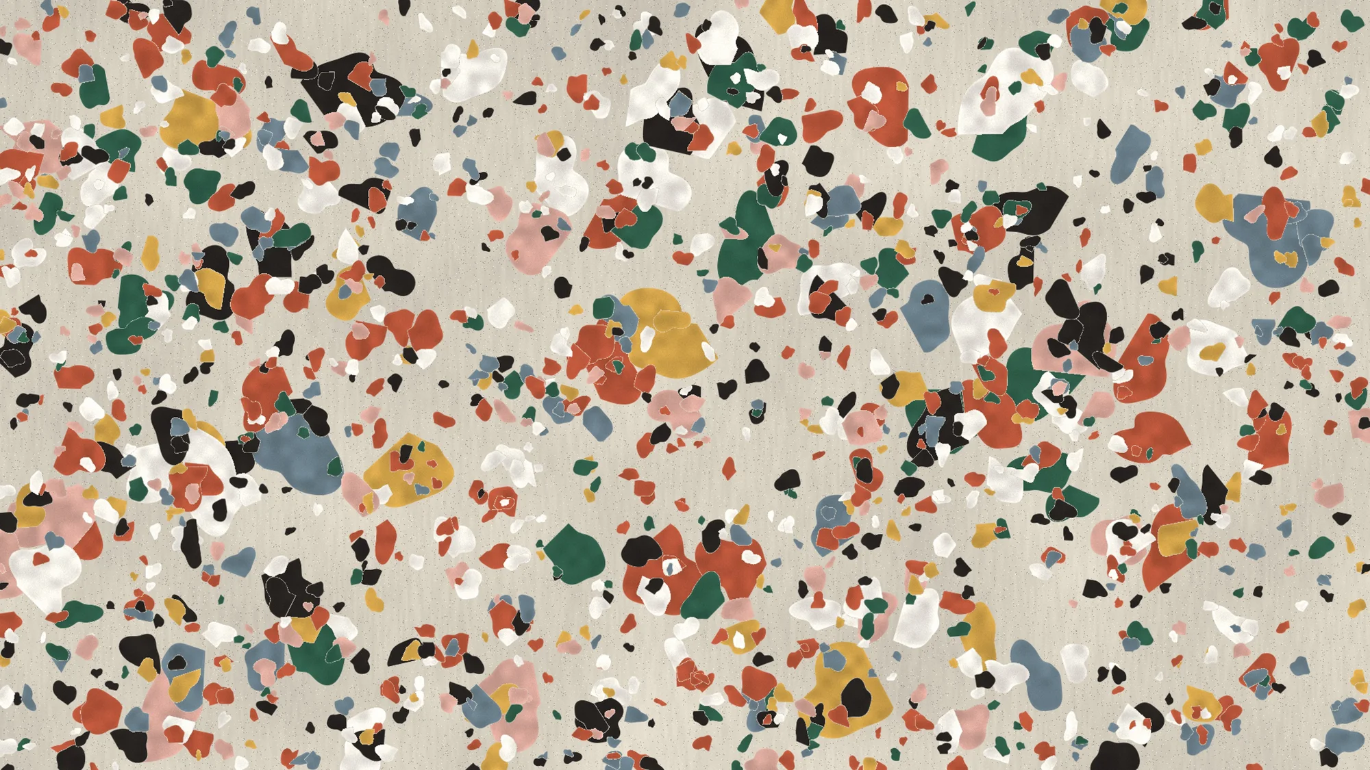 Terrazzo Chips: Close-up terrazzo with fractured terracotta, green, black and marble chips set in pale cement.