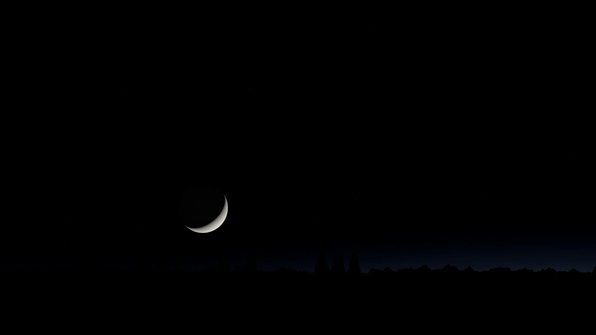 Crescent: A thin evening crescent low over a black treeline, the rest of the moon faintly visible by earthshine, with the last blue trace of twilight on the horizon.