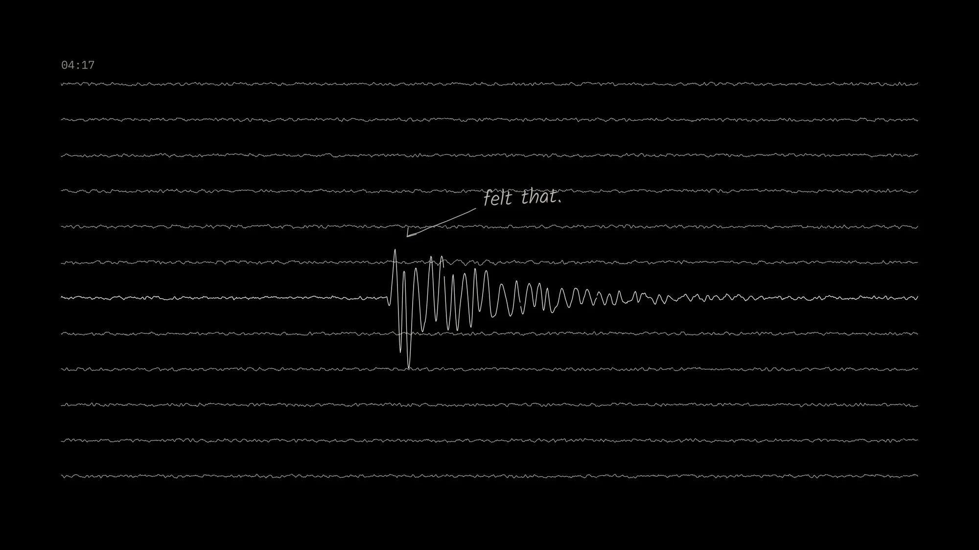 Seismograph: A drum-recorder page in white pen on black: rows of quiet, trembling trace, then one row where an event throws the pen wide across its neighbours, with a dry pencilled note beside it.