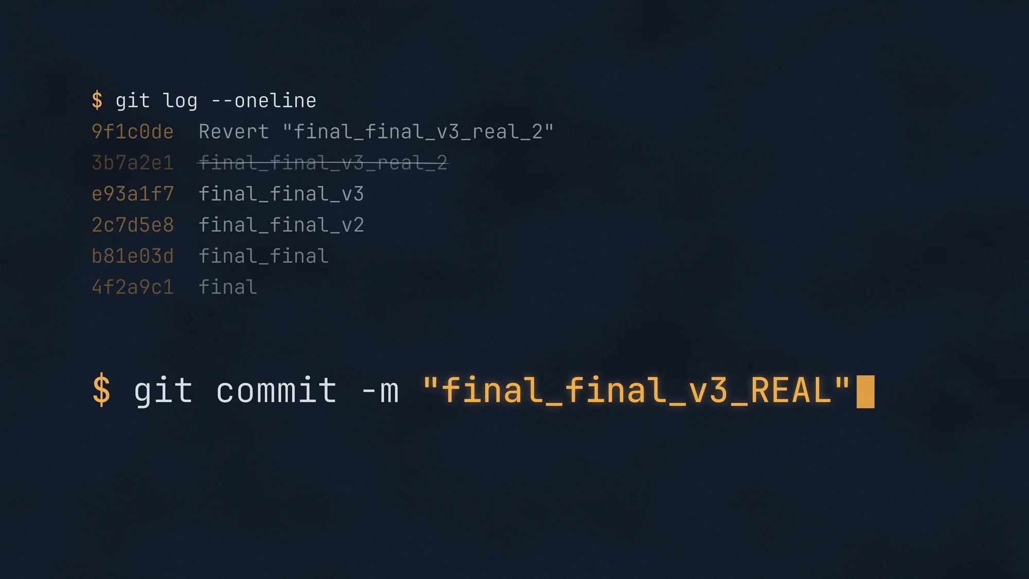 final_final_v3_REAL: A git log set large on grainy navy (final, final_final, v2, v3, a struck-out real_2 and its revert) before the amber commit: “final_final_v3_REAL”.