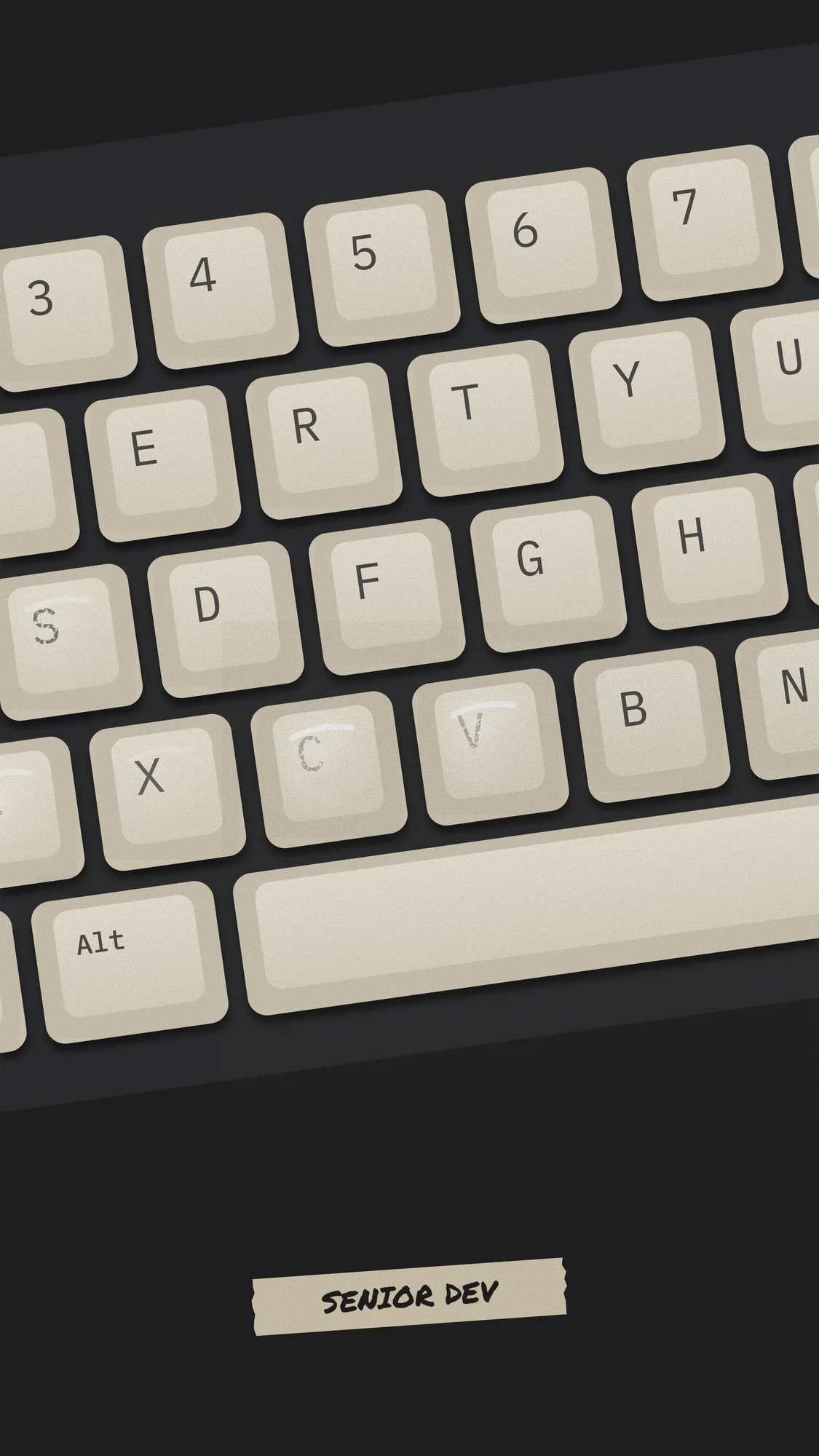 Worn Copy-Paste Keys: A close-up of a cream keyboard where Ctrl, C and V are polished smooth and their legends almost gone, with Z, A and S fading too. Taped label: SENIOR DEV. Recomposed for phone, with room for the clock.