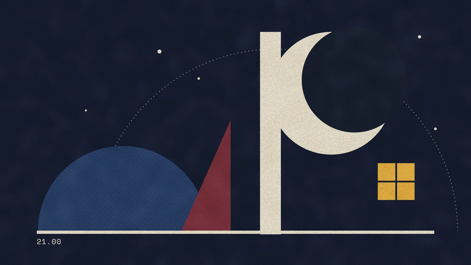 Bauhaus Hours (Dark): The same composition at 21.00: the sun becomes a crescent moon, the column turns cream and the window is lit amber.