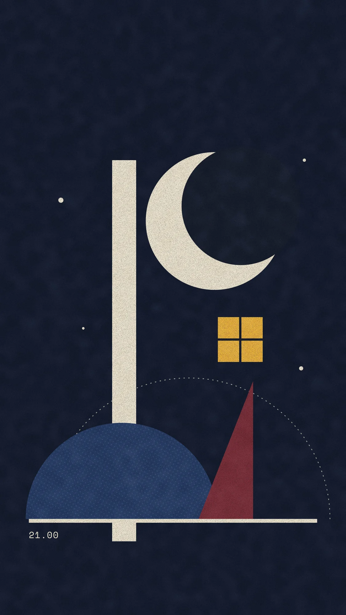 Bauhaus Hours (Dark): The same composition at 21.00: the sun becomes a crescent moon, the column turns cream and the window is lit amber. Recomposed for phone, with a calm area at the top for the clock.