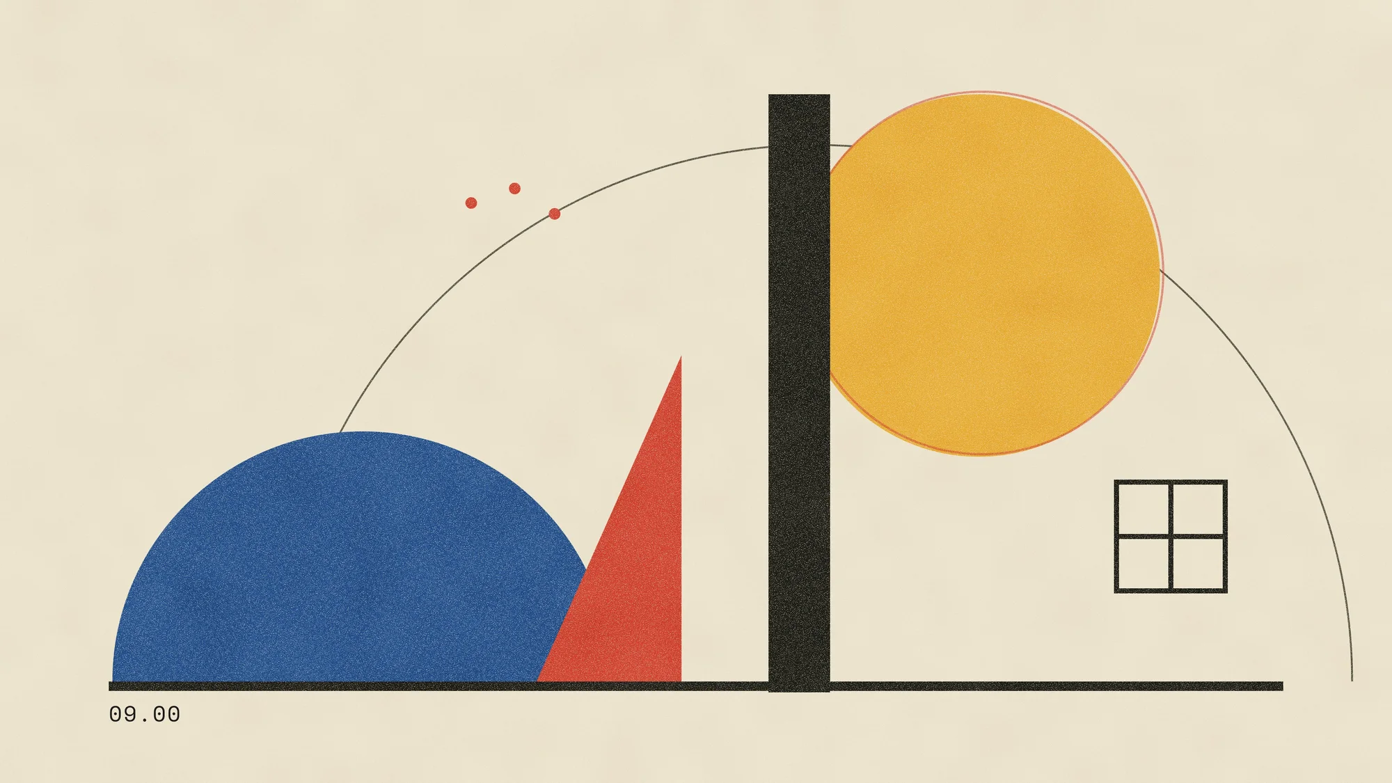 Bauhaus Hours (Light): A Bauhaus-style print at 09.00: a yellow sun behind a black column, a blue half-disc hill, a red triangle and an empty window.