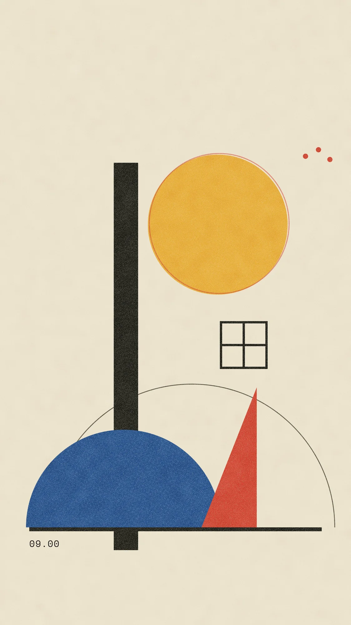 Bauhaus Hours (Light): A Bauhaus-style print at 09.00: a yellow sun behind a black column, a blue half-disc hill, a red triangle and an empty window. Recomposed for phone, with a calm area at the top for the clock.