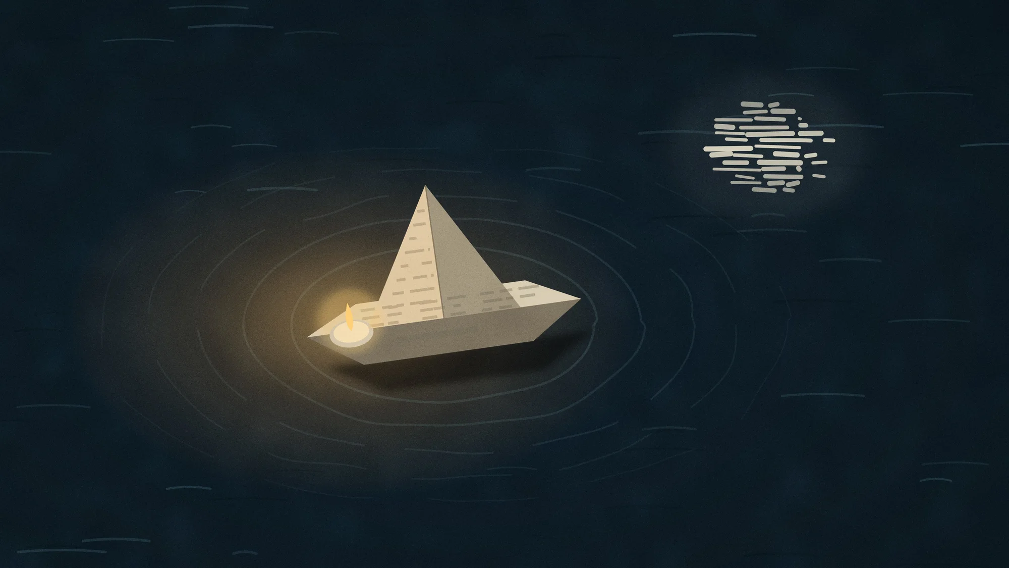 Paper Boat (Dark): The same paper boat at night carrying a tea light whose warm glow spreads across the water, with the moon broken up in the ripples.