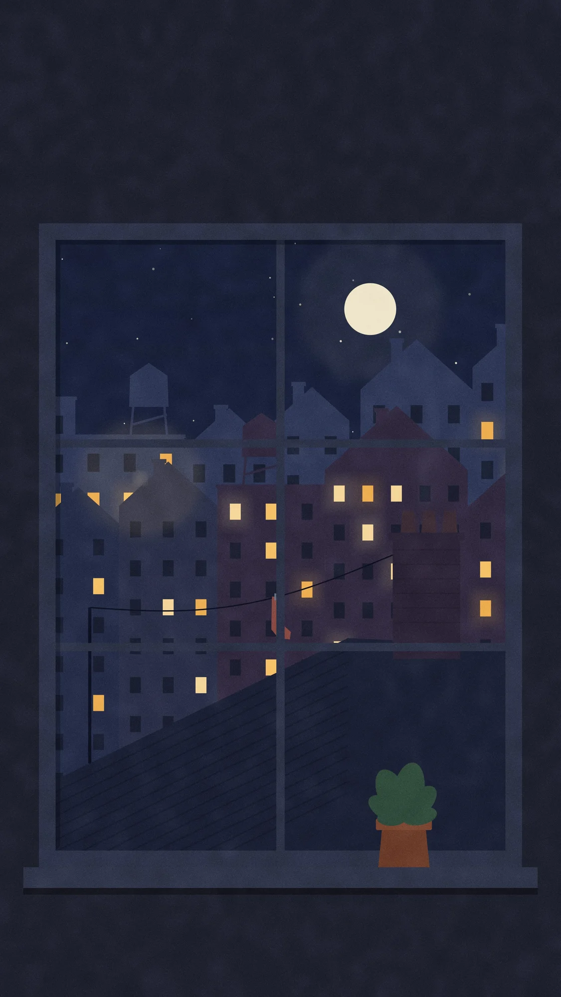 Window Rooftops (Dark): The same view at night: windows lit across the skyline, a full moon, and only one sock left on the line. Recomposed for phone, with a calm area at the top for the clock.
