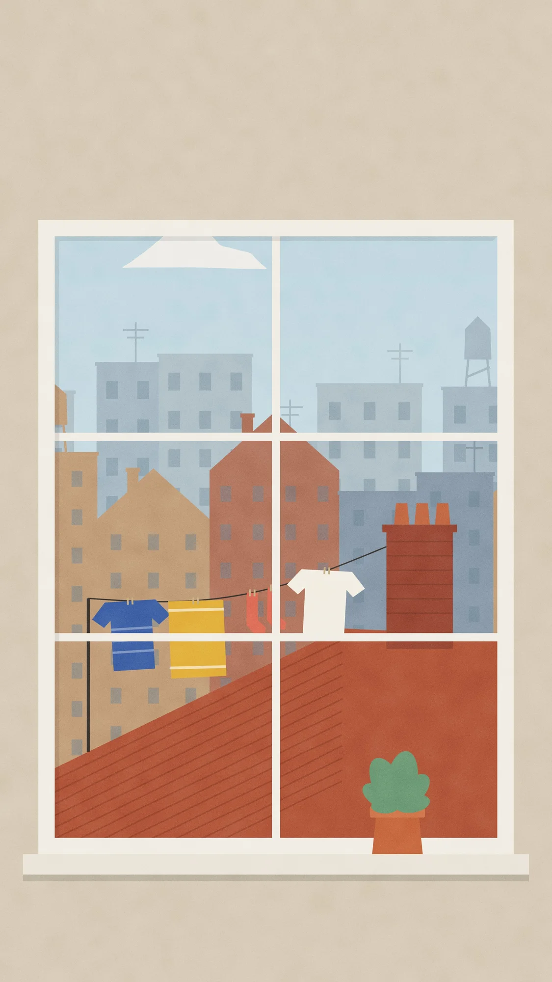 Window Rooftops (Light): An invented city of rooftops seen through a painted window: water towers, chimney pots and washing drying on a line. Recomposed for phone, with a calm area at the top for the clock.