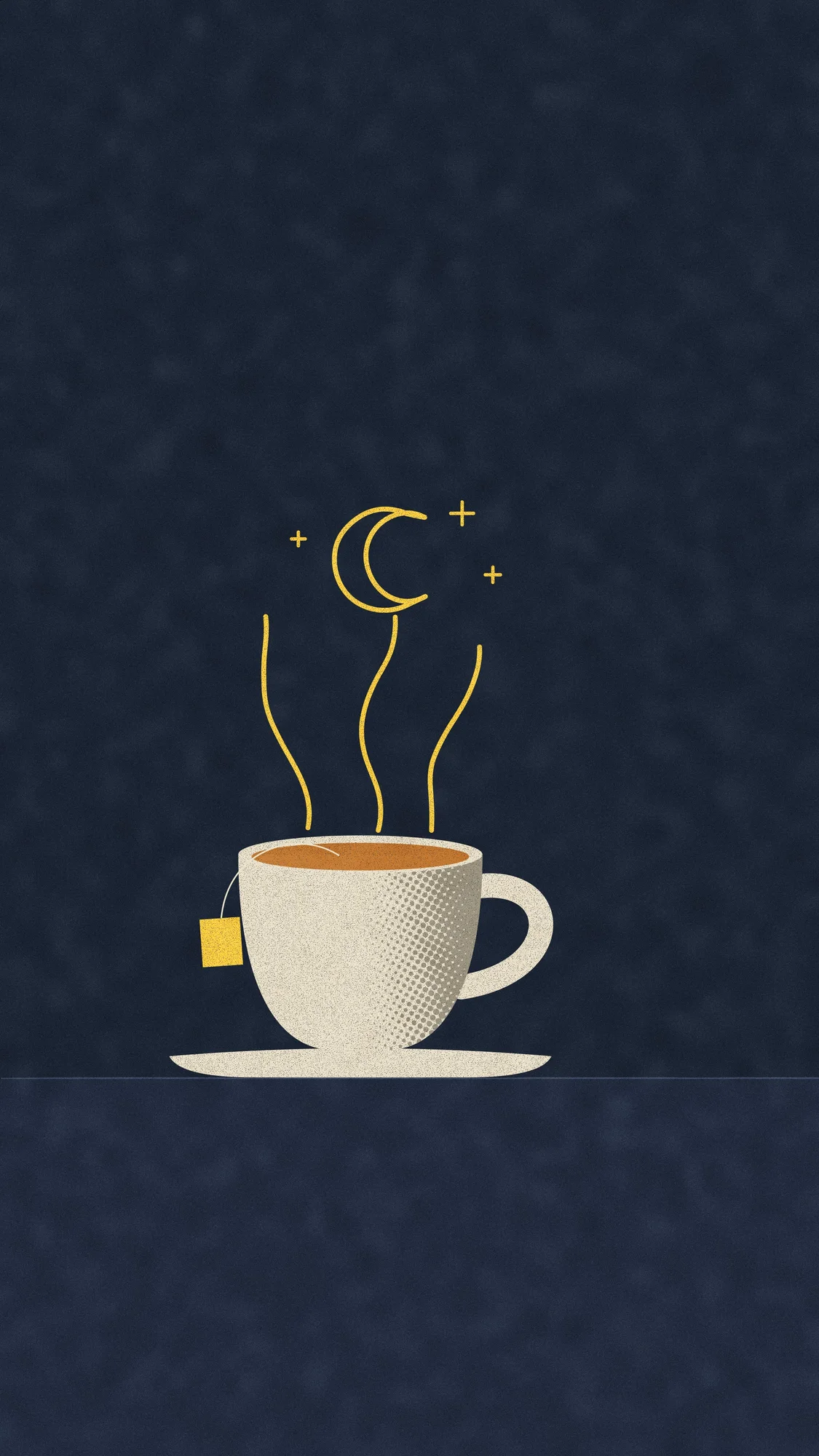 Steam (Dark): The same cup at night holding tea, its tag over the rim and its steam curling into a crescent moon and a few stars. Recomposed for phone, with a calm area at the top for the clock.