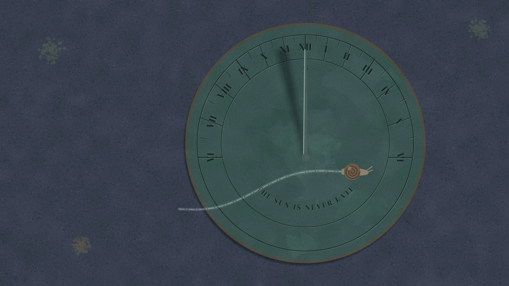 Sundial (Dark): The same sundial by moonlight: a faint soft shadow, and a snail has left a silvery trail across the plate.