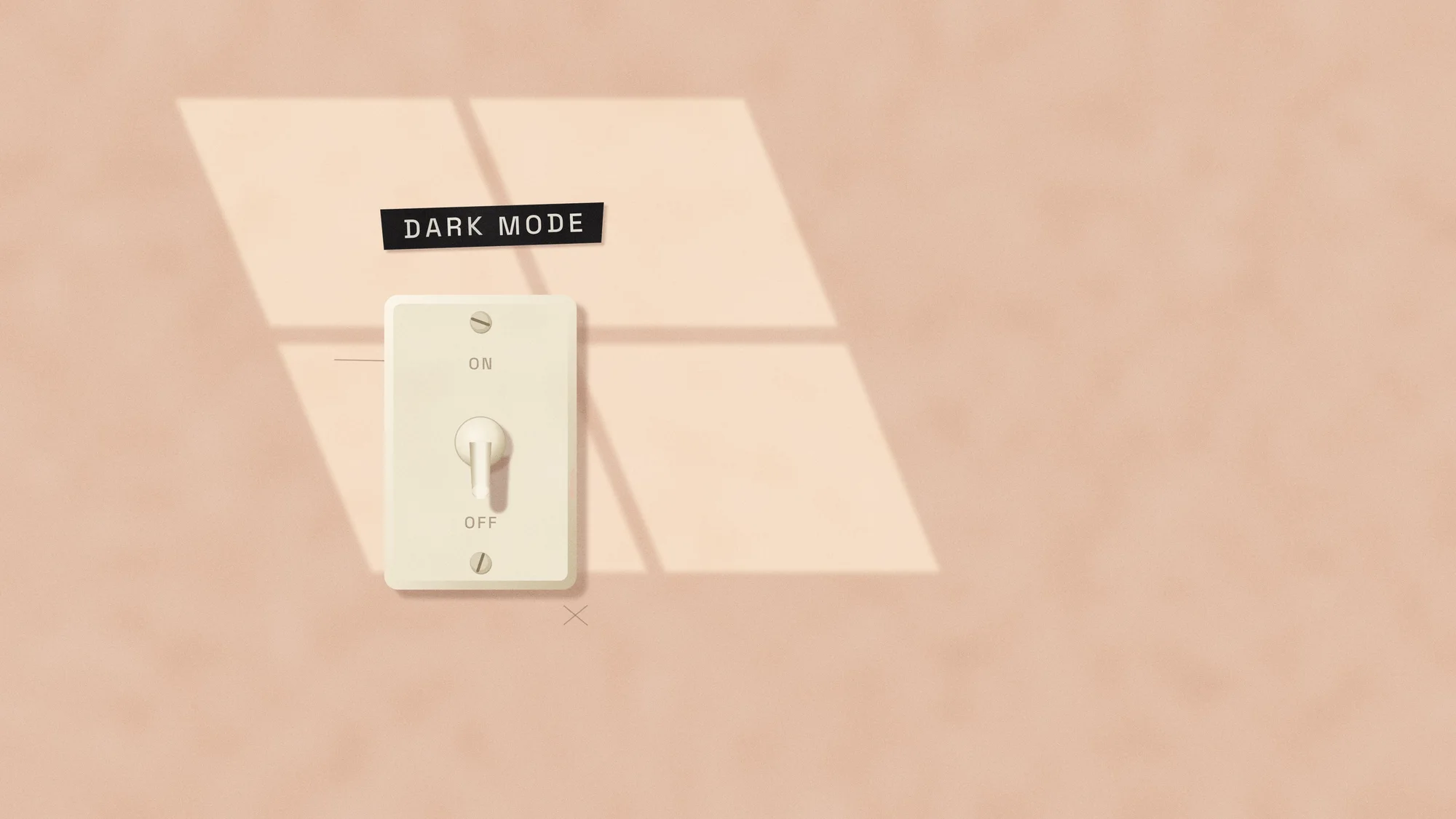 Dark Mode Switch (Light): A bakelite toggle switch labelled "DARK MODE" in label-maker tape, flicked off while window light crosses a plaster wall.