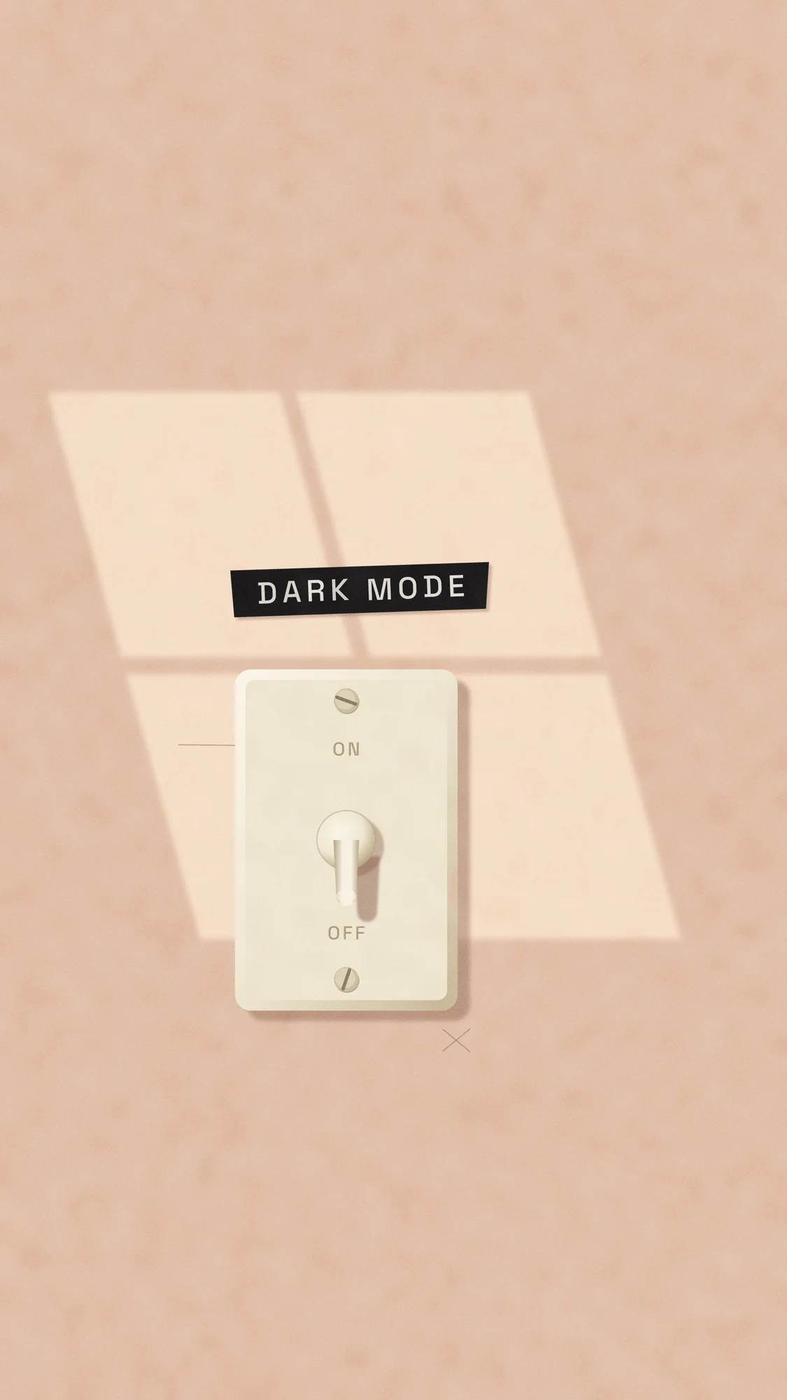 Dark Mode Switch (Light): A bakelite toggle switch labelled "DARK MODE" in label-maker tape, flicked off while window light crosses a plaster wall. Recomposed for phone, with a calm area at the top for the clock.