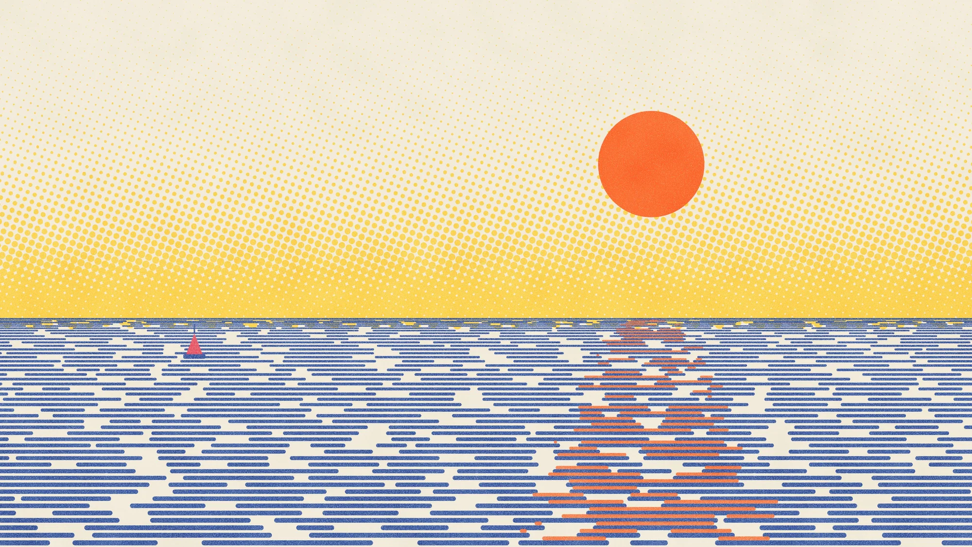 Riso Tide (Light): A risograph seascape: a halftone yellow sky, an orange sun and its broken reflection across blue dashed water, and a red buoy.