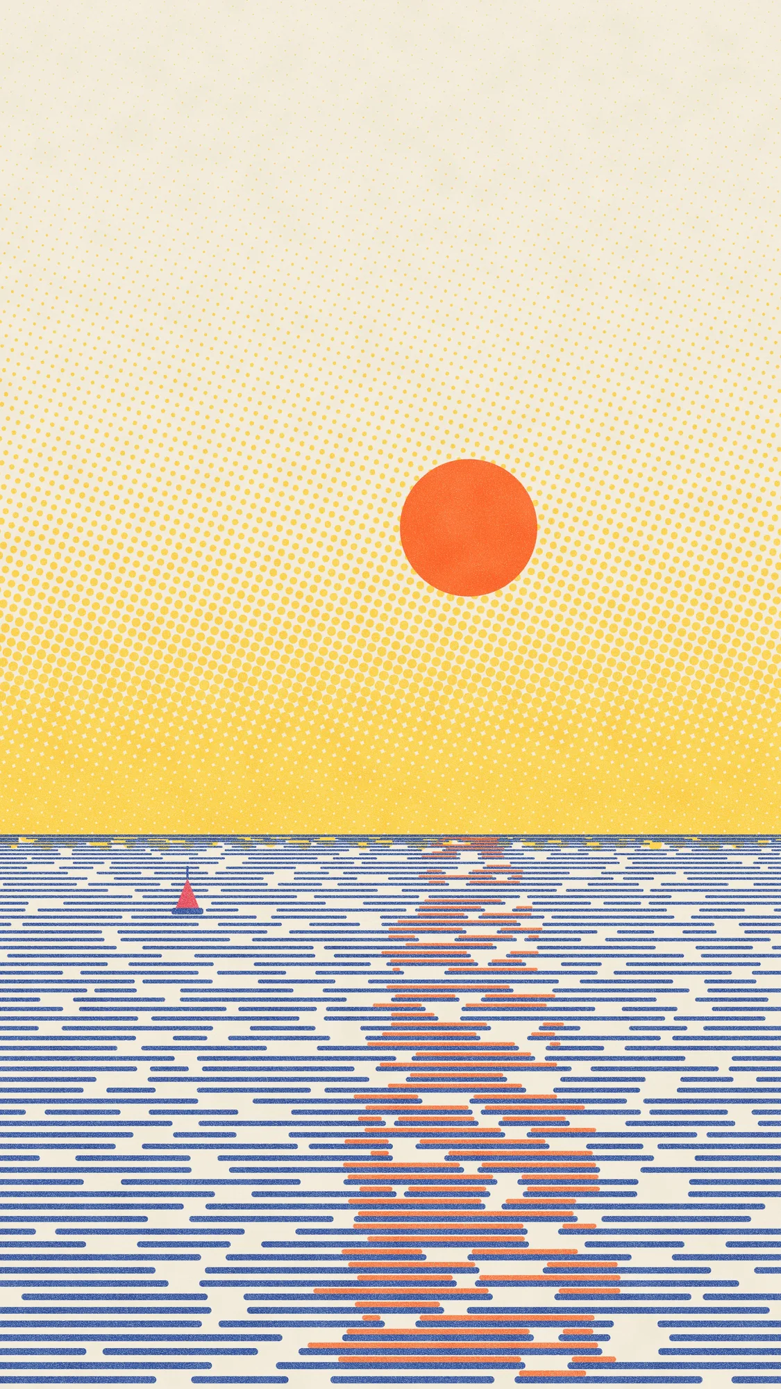 Riso Tide (Light): A risograph seascape: a halftone yellow sky, an orange sun and its broken reflection across blue dashed water, and a red buoy. Recomposed for phone, with a calm area at the top for the clock.