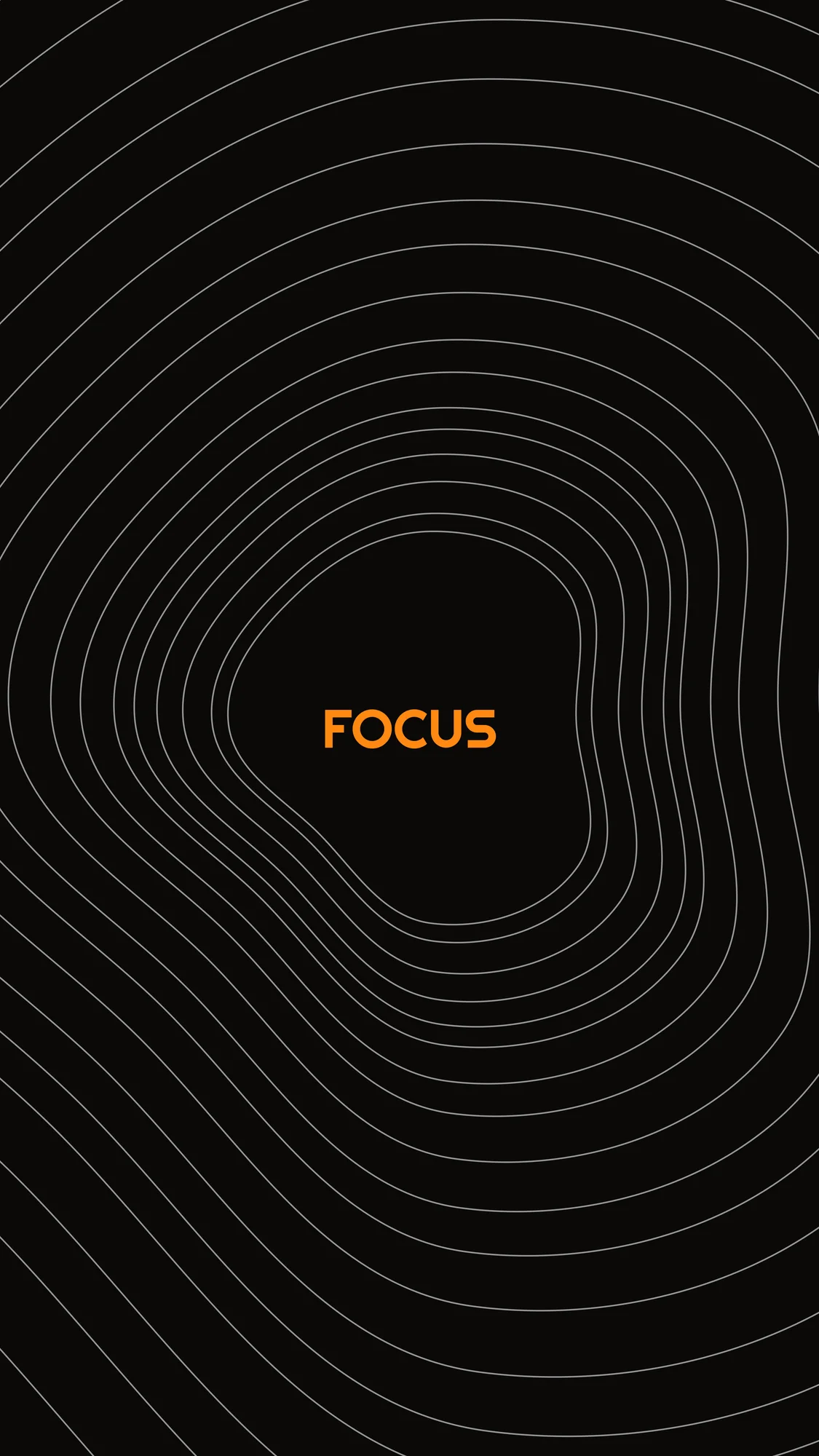Focus: The Focus contour study recomposed for portrait screens. Topographic lines wrap around the word so your lock screen stays calm.