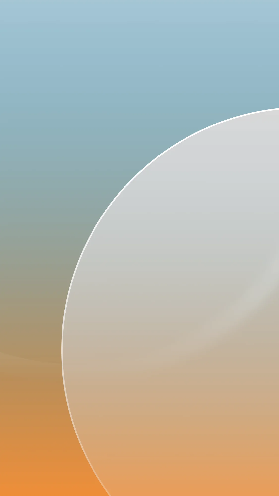 Glass Dusk: Cool sky blue fades into a warm orange horizon behind a frosted-glass moon.