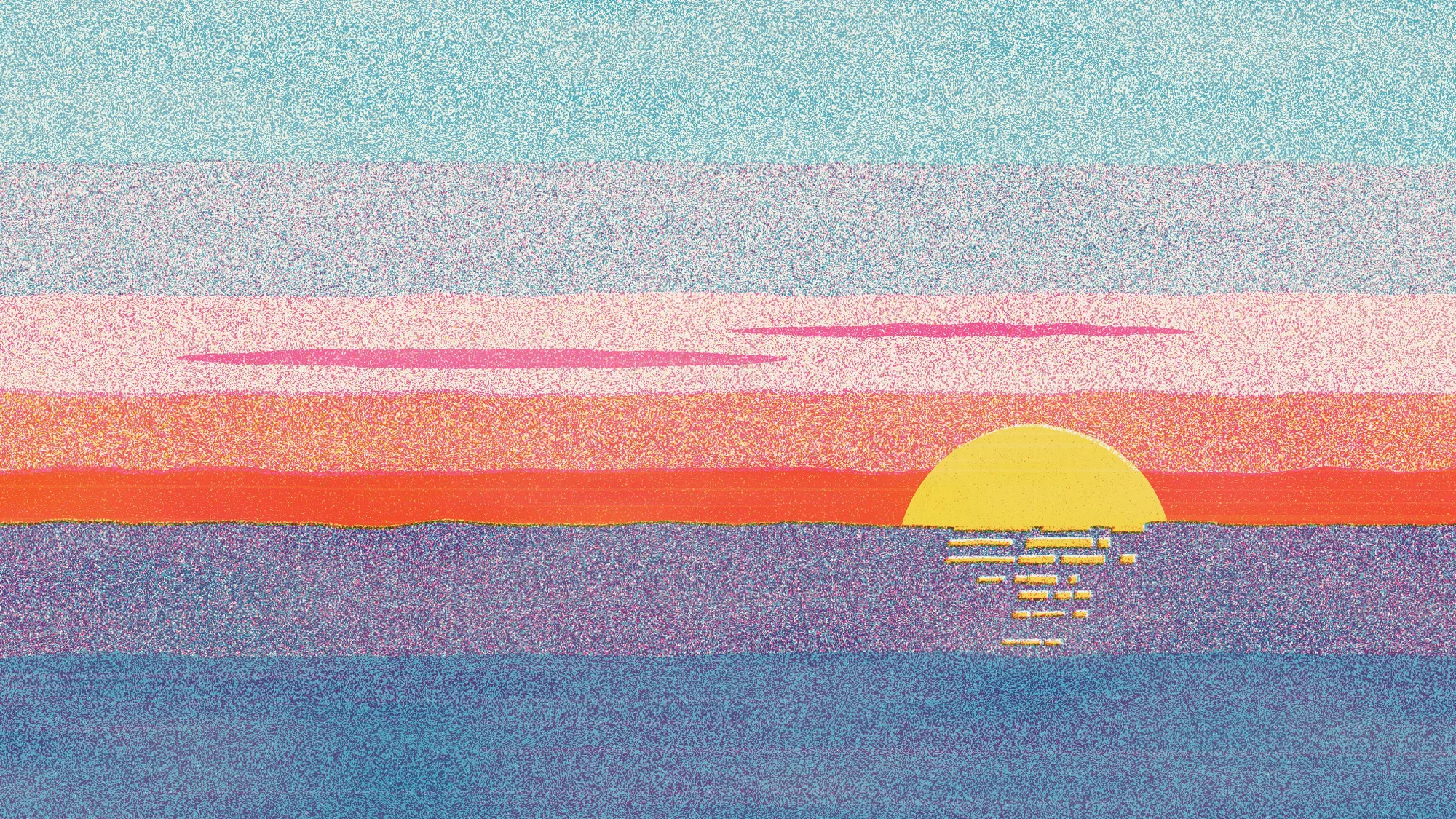Citrus Sunrise: A sunrise printed as a three-ink risograph: flat bands of aqua, pink and orange over a sea, a yellow sun half-cut by the horizon off to the right, and broken glitter dashes on the water. Misregistered layers, stochastic tint screens and paper grain.