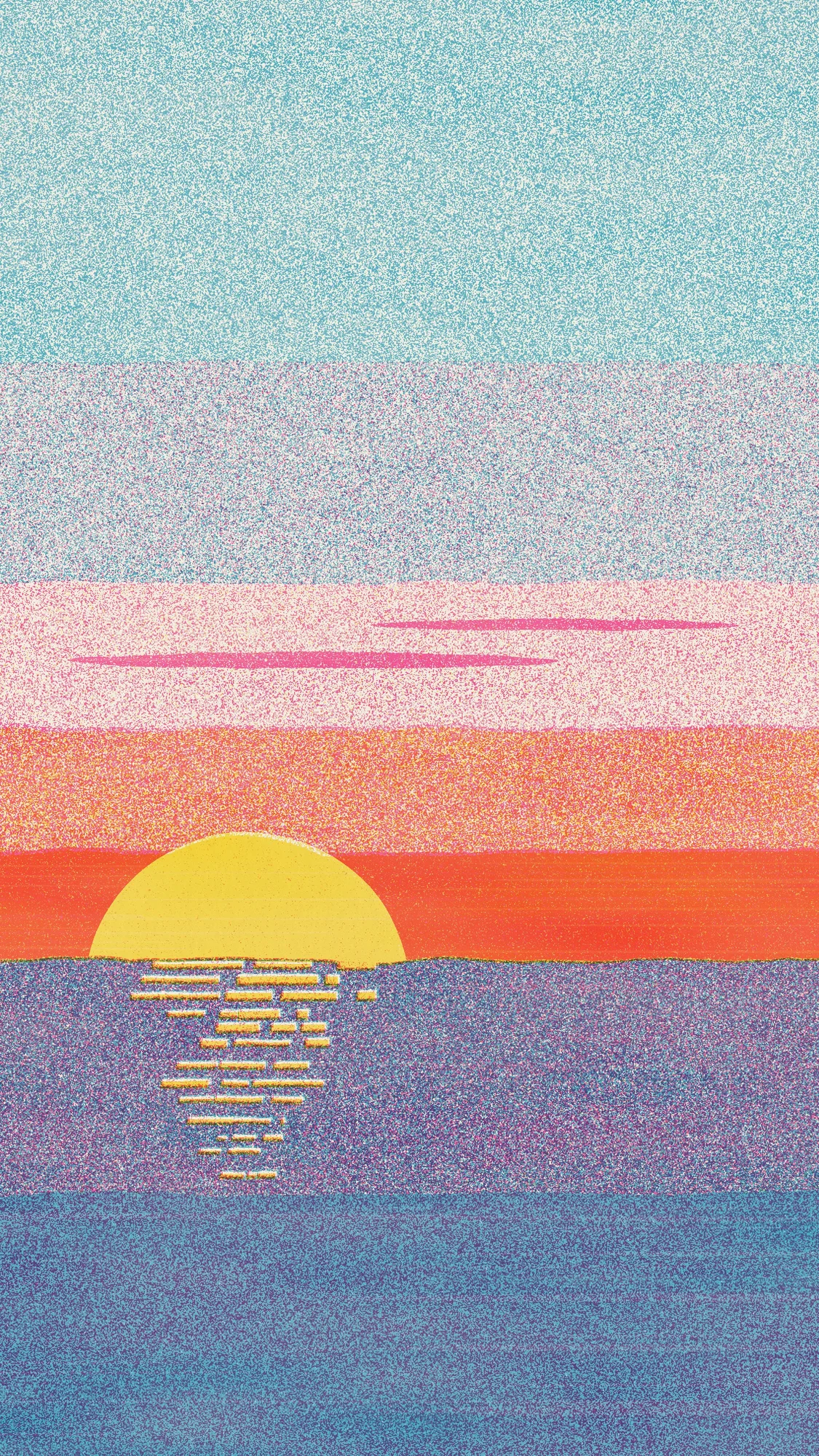 Citrus Sunrise: A risograph-printed sunrise: aqua and pink sky bands above a violet sea, with a yellow sun sinking into the horizon on the left. Inks sit slightly off register on cream paper.