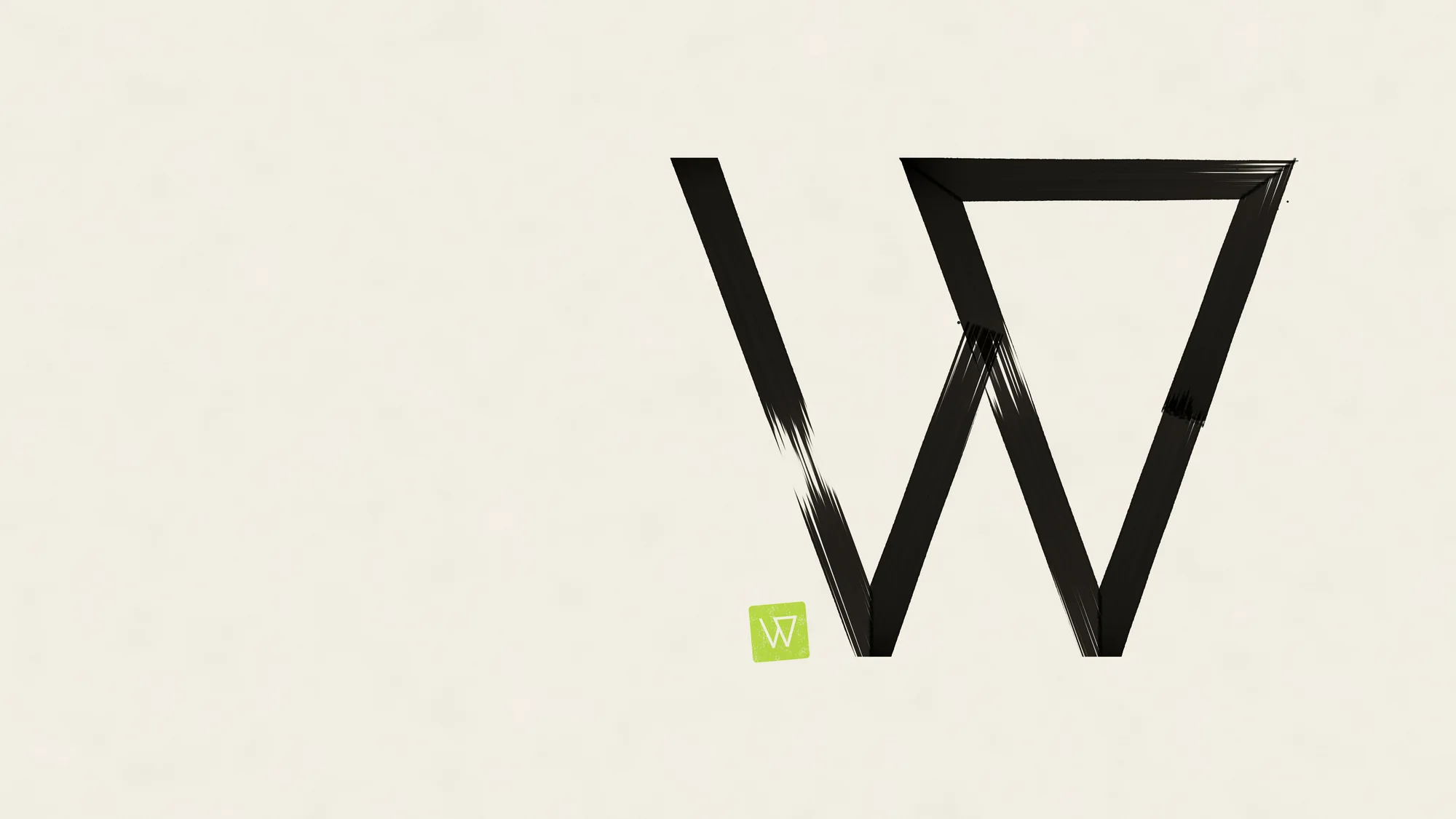 Ink Brush W: The W painted stroke by stroke with a flat brush in sumi ink: ink pools where each stroke lands, the width breathes, the brush runs dry mid-stroke and re-enters on the right, and a small lime chop is pressed slightly askew.