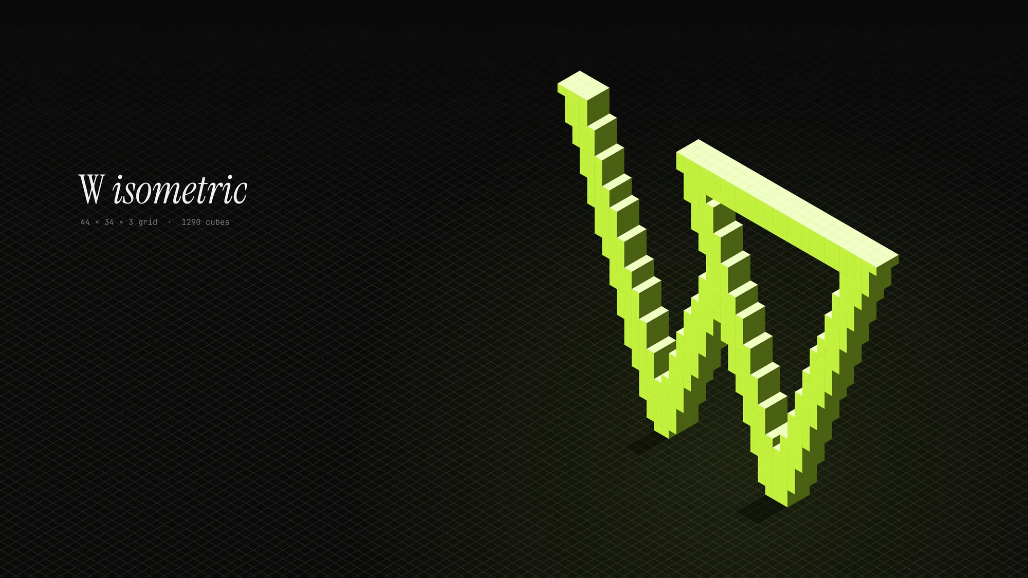 Isometric Blocks: The W stacked from hundreds of small isometric cubes standing on a faint tiled floor, lime on the face with pale tops and olive sides.