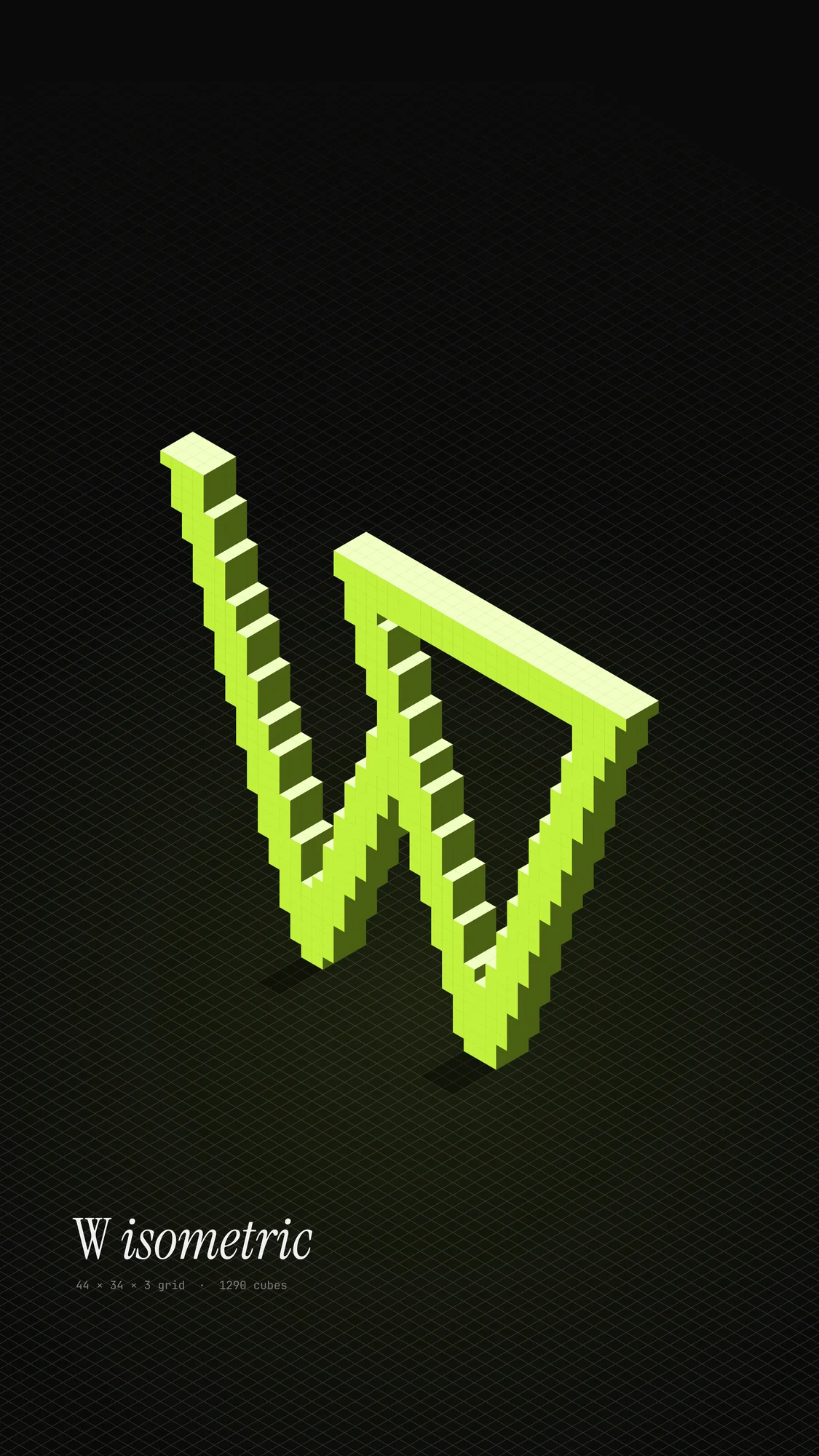 Isometric Blocks: An isometric voxel W for phones: small lime cubes built into the mark and standing on a dark isometric grid.