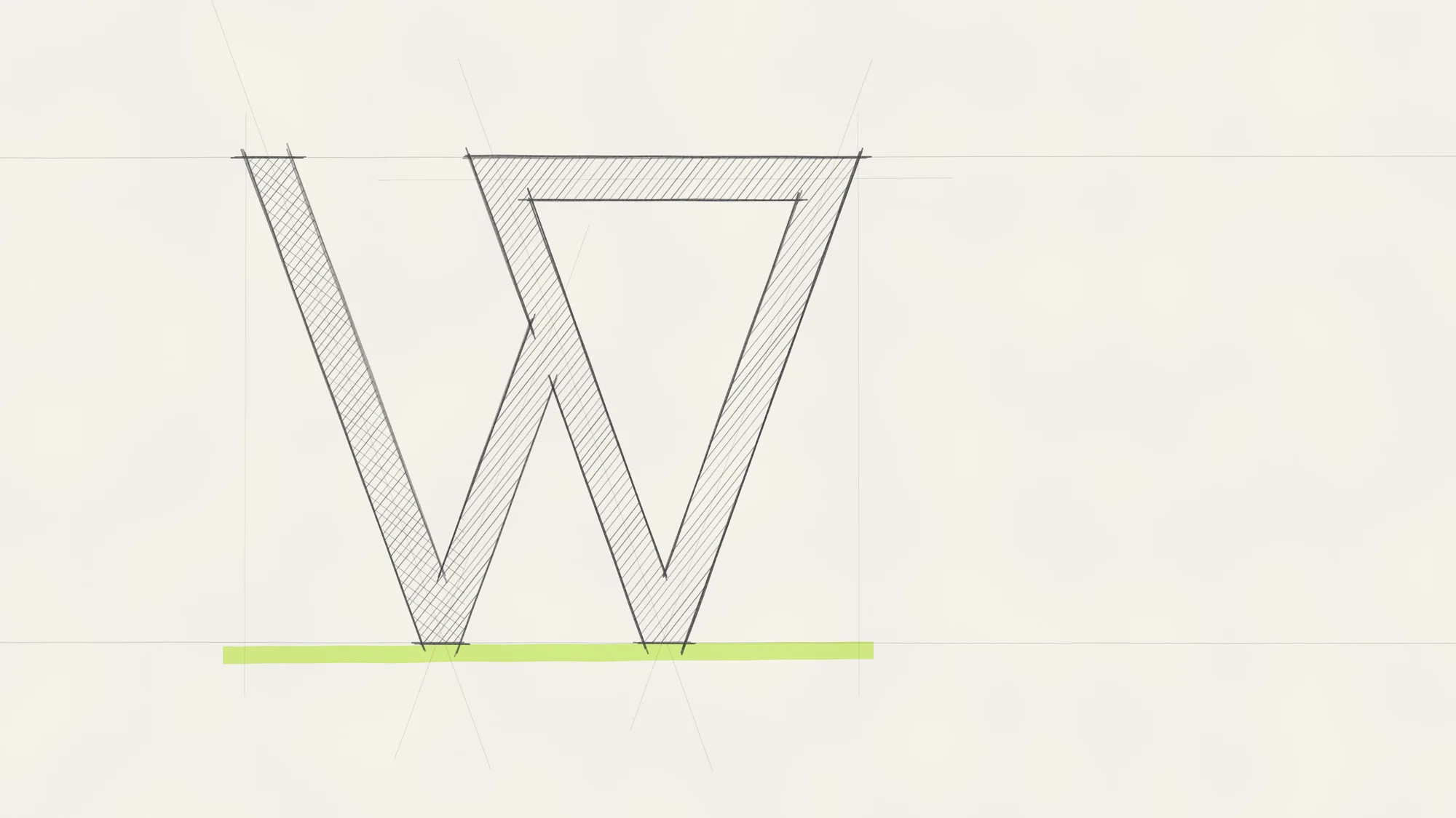 Pencil Sketch: A pencil study of the W on textured paper: loose overshooting outlines, diagonal hatching, faint construction lines and a swipe of lime highlighter along the baseline.