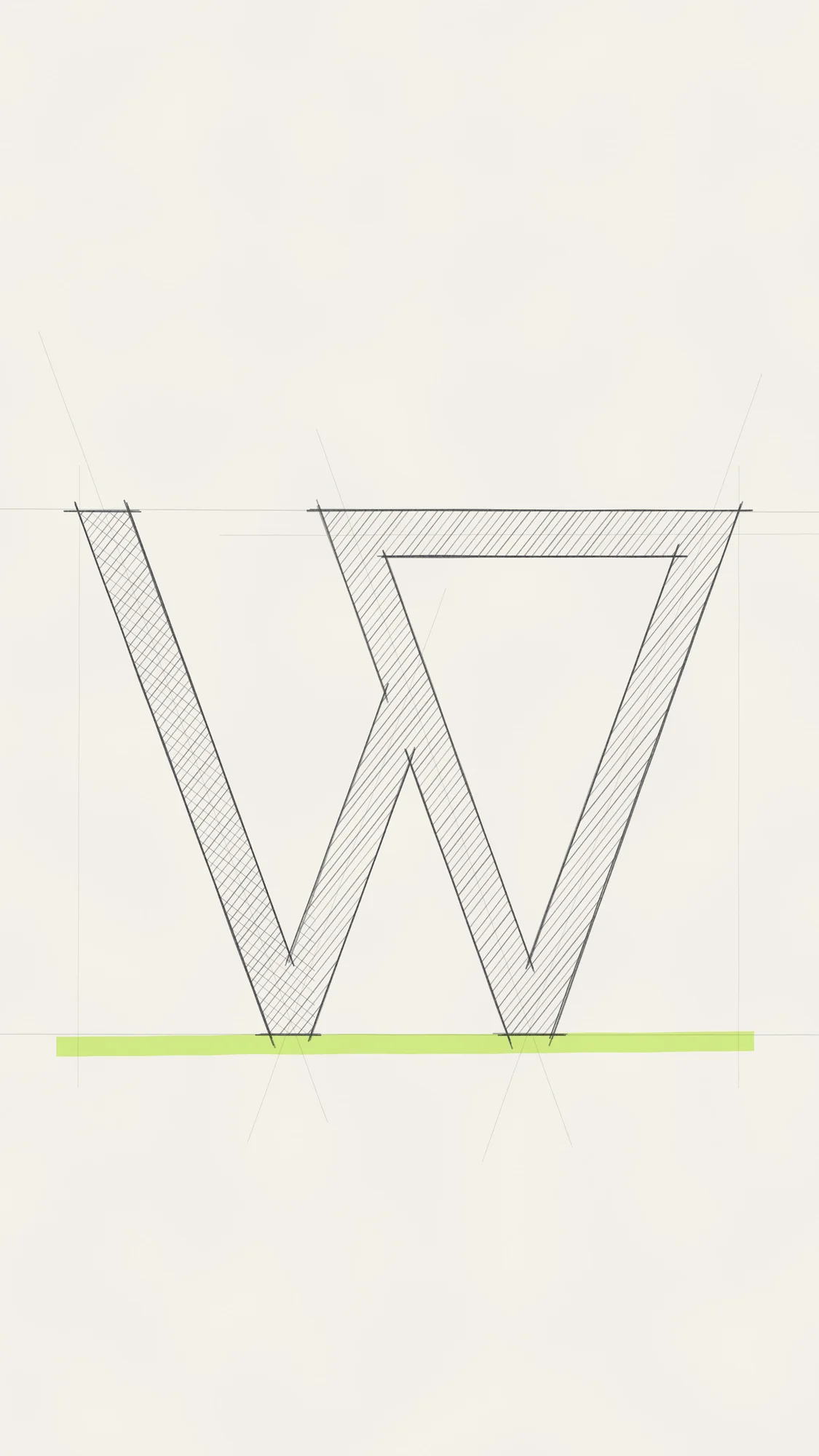 Pencil Sketch: The W sketched in graphite on off-white paper, with rough repeated outlines, hatching and a lime highlighter mark under the base.