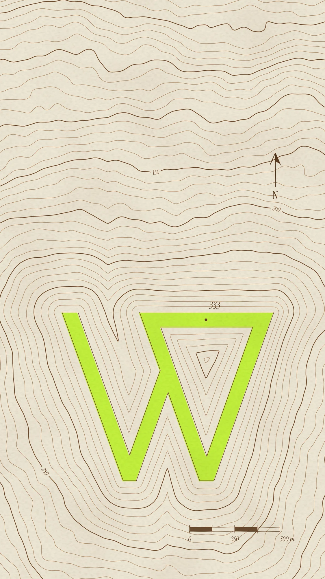 Contour W: A survey-map phone wallpaper on off-white paper, with brown contours rising to a lime W summit, a 333 spot height and a hand-drawn north arrow.