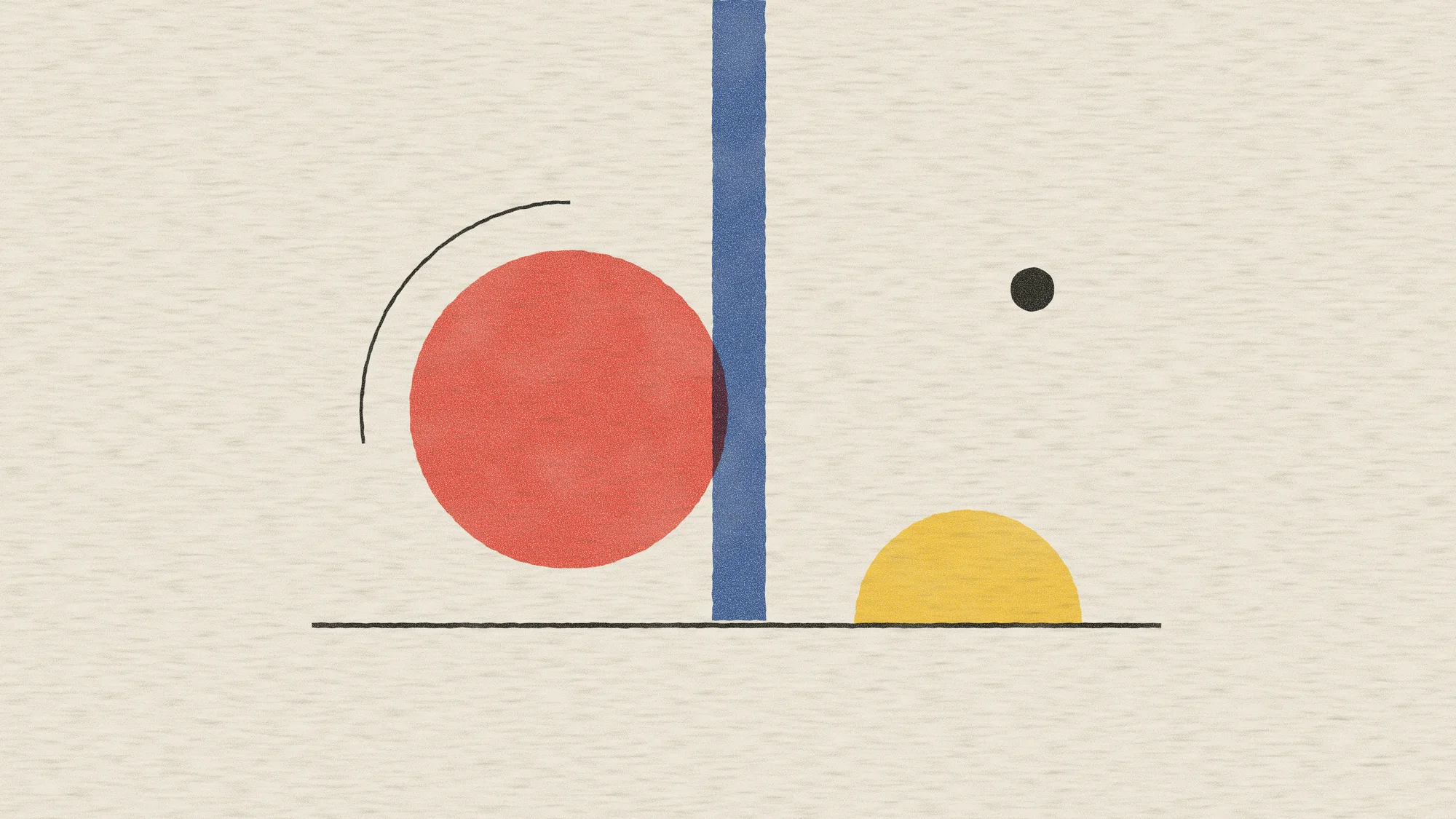Bauhaus Balance: A Bauhaus balance study pulled as a four-colour screenprint: red disc, yellow half-disc and a blue pillar that runs off the top of the sheet and overprints the disc. The layers sit slightly off-register on toothy paper.