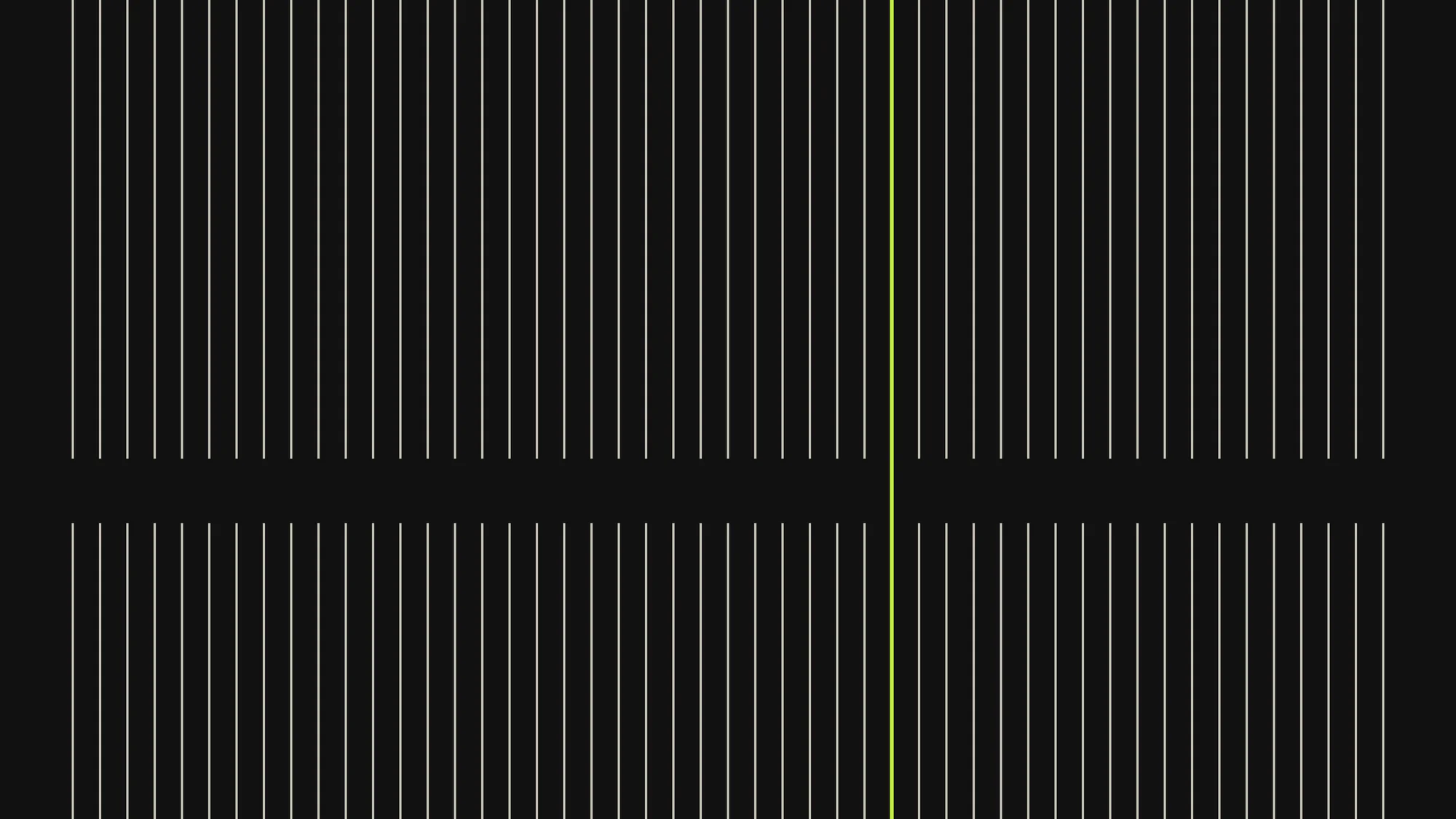 Broken Stripes: Fine bone-coloured stripes run the height of an ink-black screen, all interrupted by the same quiet gap except one lime line that carries straight through.