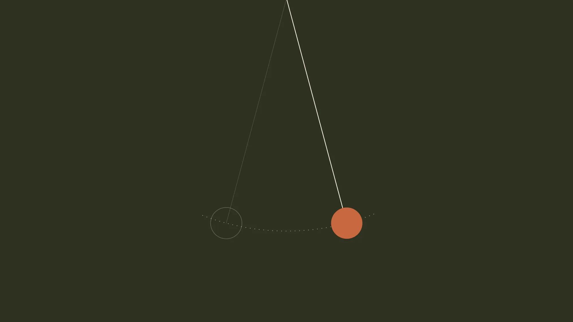 Pendulum: A terracotta bob hangs from a fine bone-coloured line, mid-swing, with a dotted arc and a faint ghost marking where it will return. Set on deep olive.