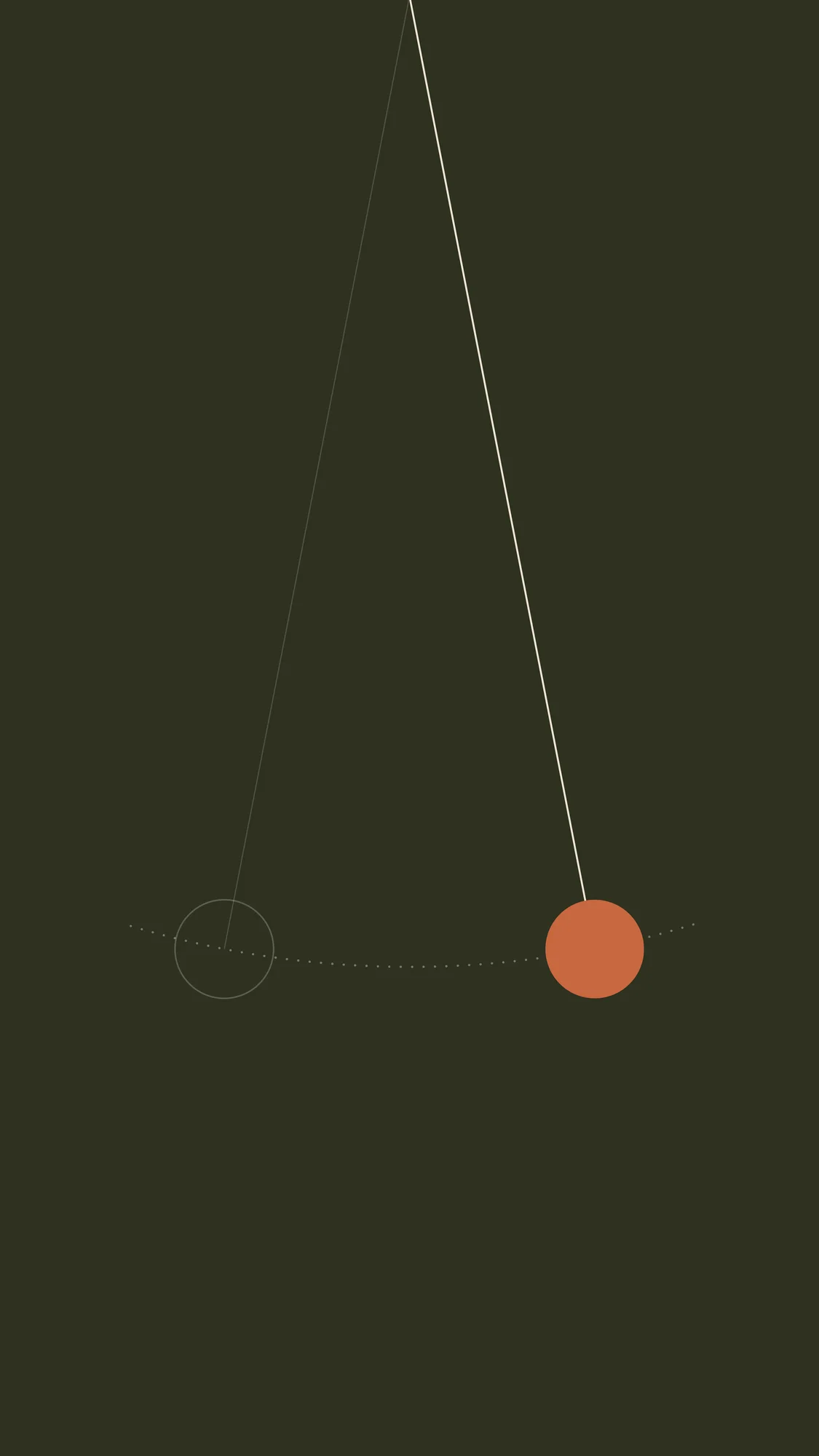 Pendulum: A long pendulum line drops from the top of a dark olive phone screen to a terracotta bob, with a dotted arc tracing its swing.