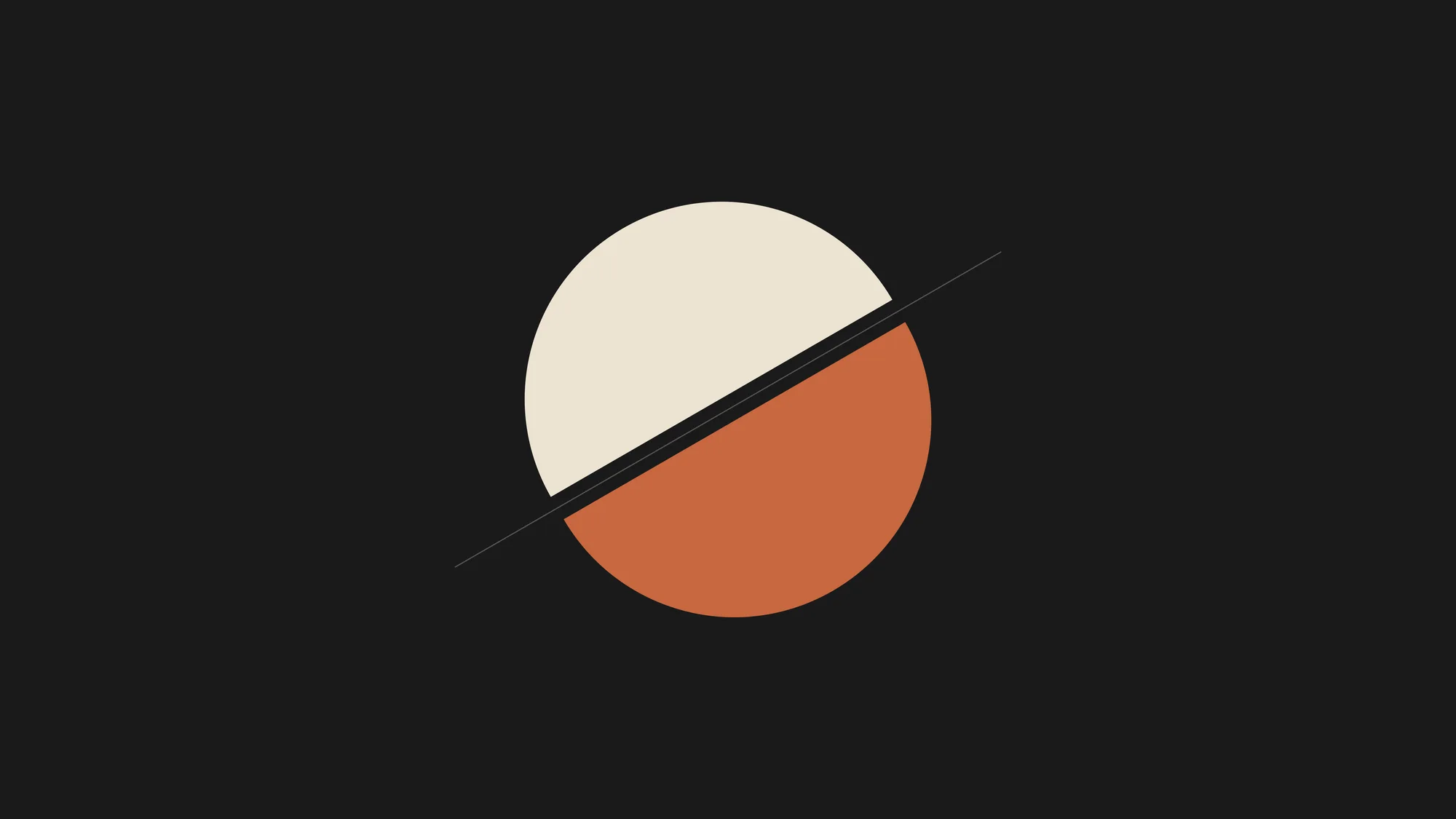 Split Circle: A circle cut on a diagonal, its bone and terracotta halves drawn slightly apart on charcoal, with a hairline marking the cut.