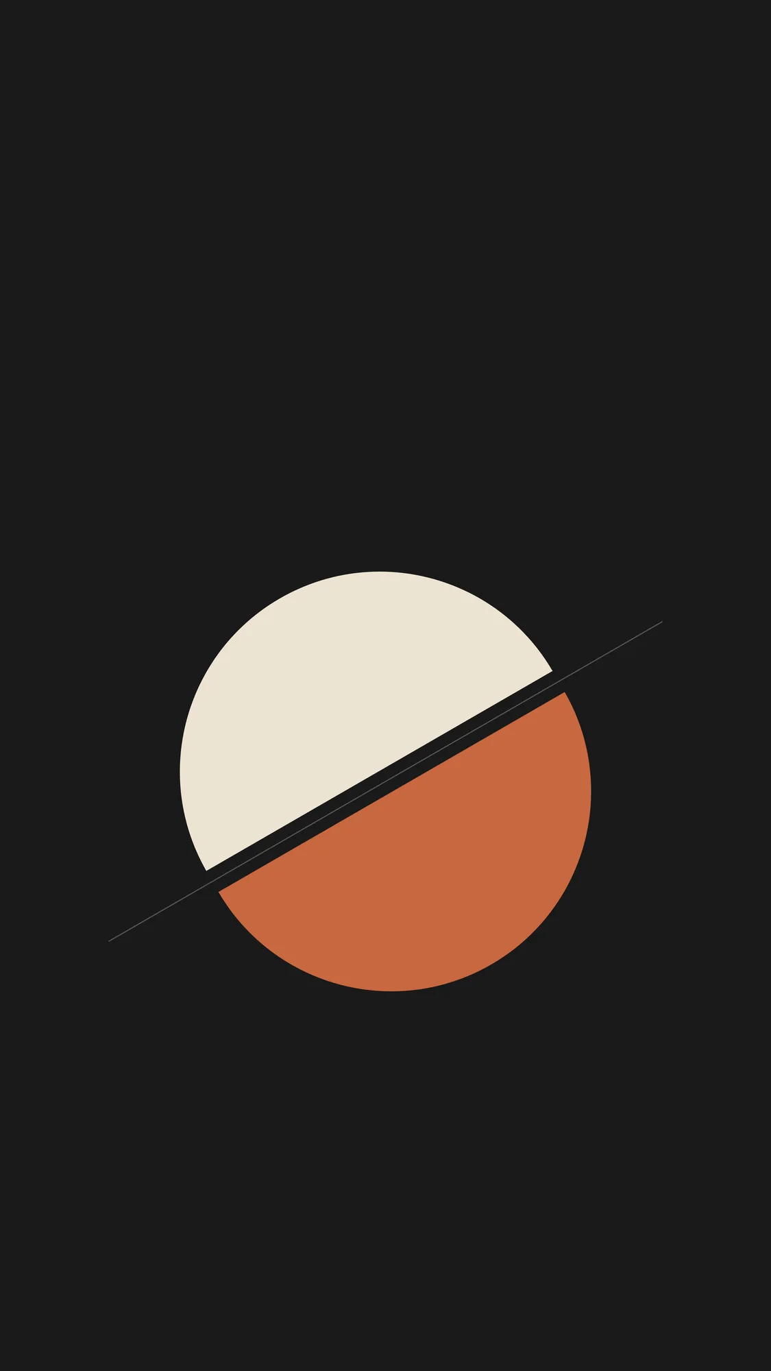 Split Circle: A bone-and-terracotta circle split on the diagonal and eased apart, centred low on a charcoal phone screen.