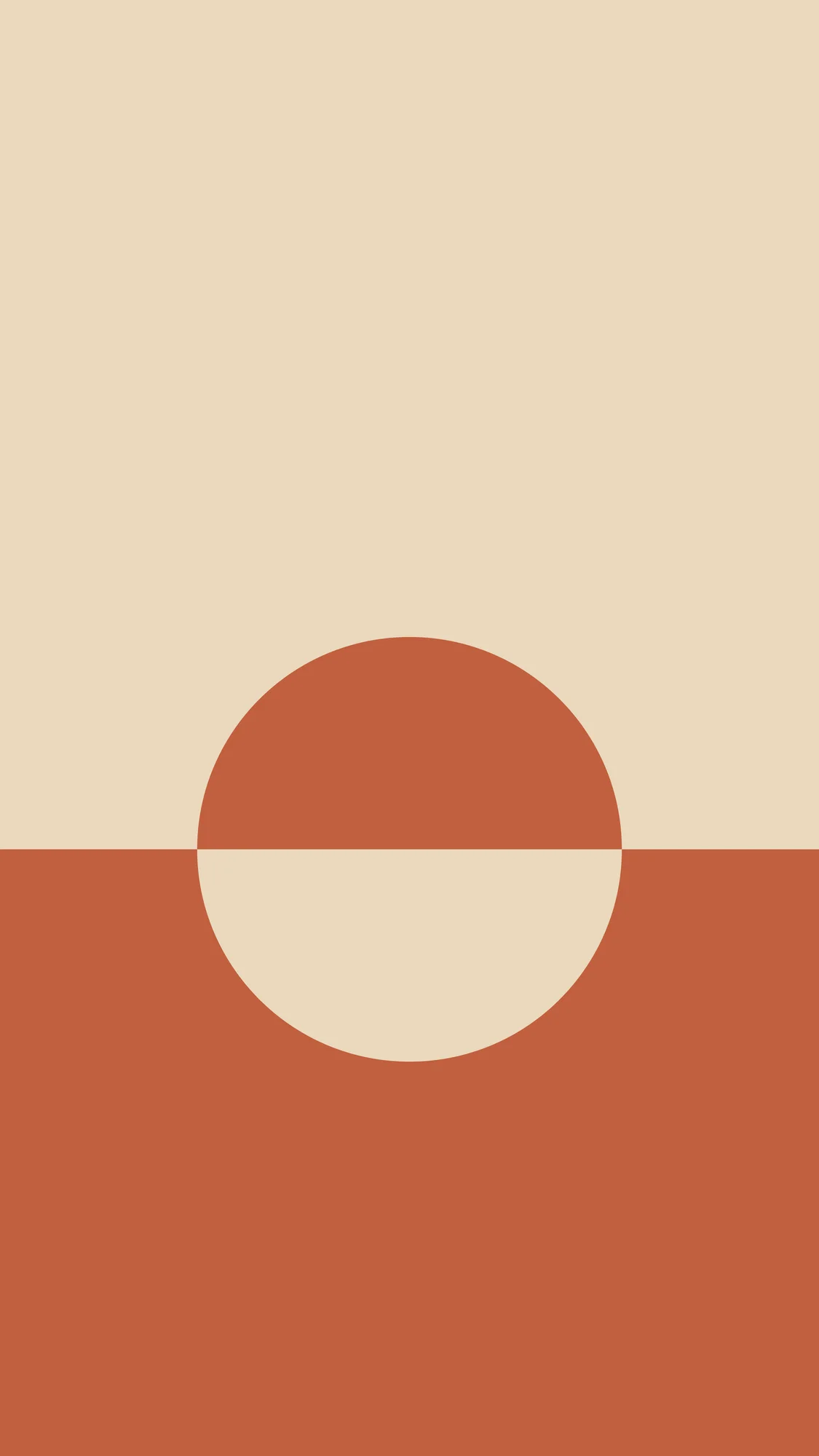Split Tone: Sand above, terracotta below, with a circle on the dividing line that inverts both colours. The clock sits on plain sand.