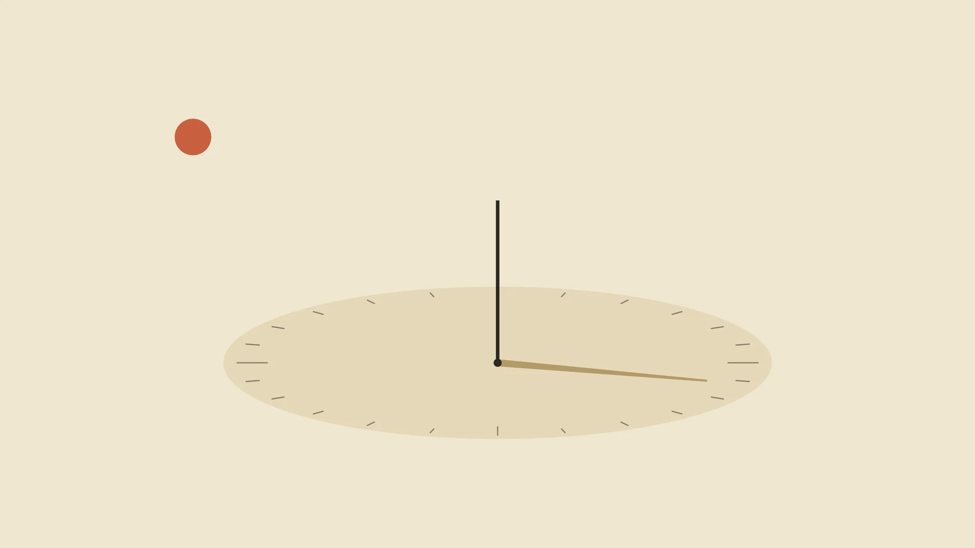 Sundial: A single upright stroke casts a short shadow across a pale dial ringed with hour ticks, under a small terracotta sun on butter cream. Time, reduced to one line.