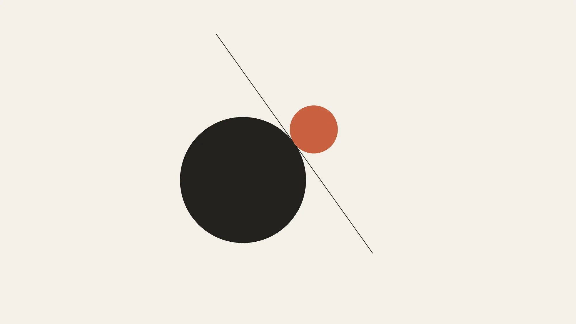 Tangent: A large ink circle and a small terracotta circle touch at a single point, crossed by one fine tangent line. Geometry as still life.