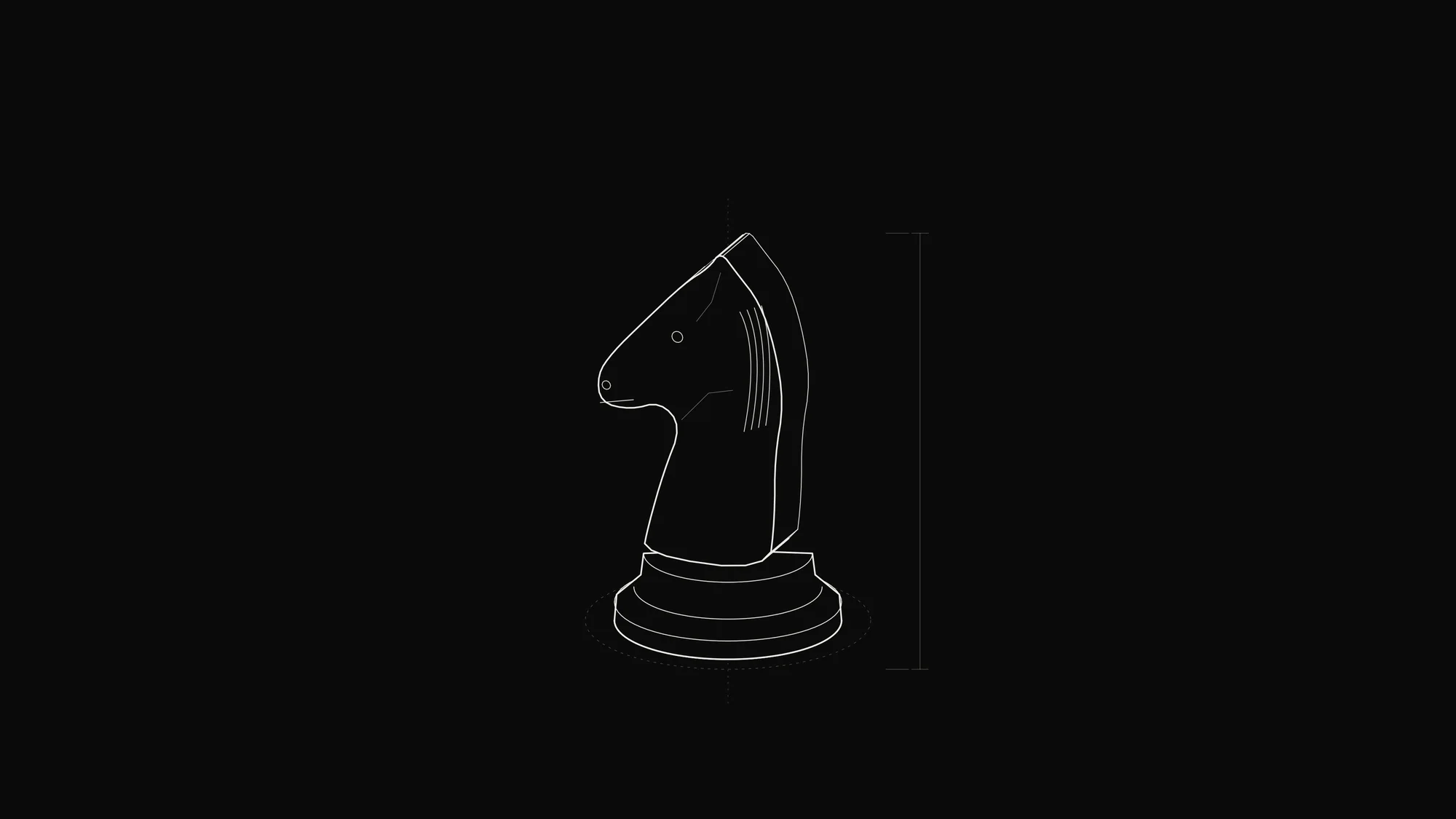 Chess Knight Outline: A chess knight whose horse head is an extruded side silhouette with mane, eye and jaw detail lines.