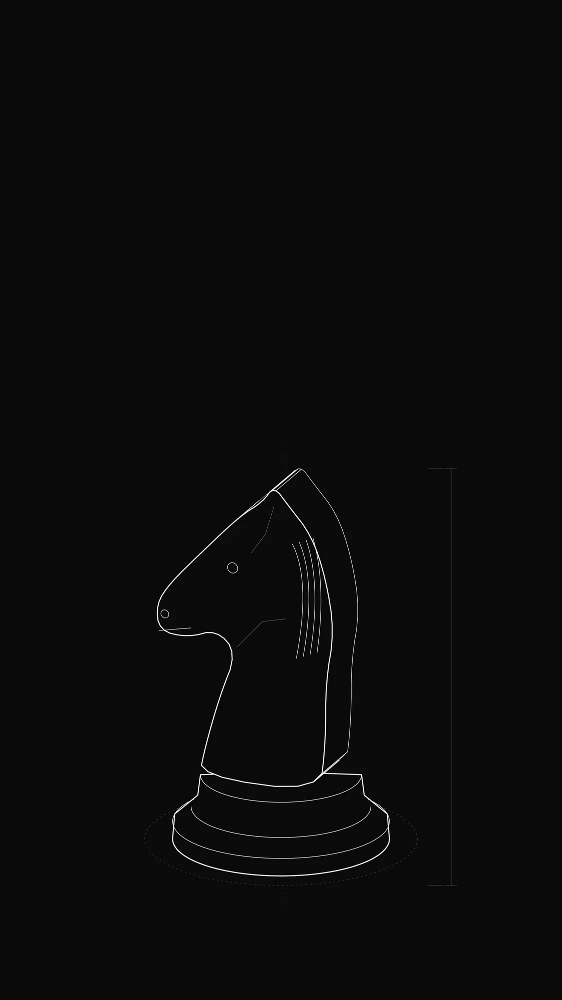 Chess Knight Outline: A chess knight whose horse head is an extruded side silhouette with mane, eye and jaw detail lines.