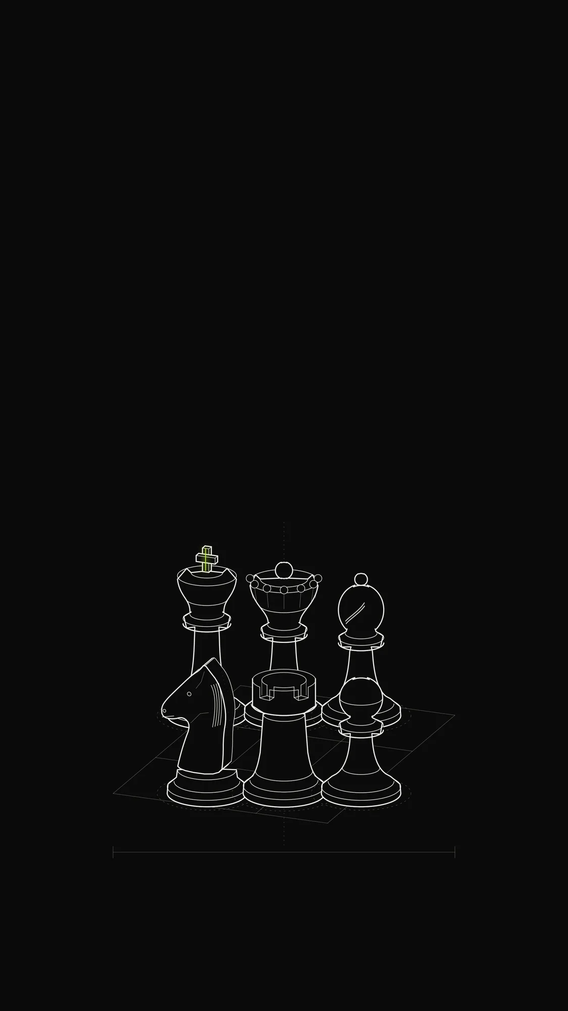 Chess Set Outline: All six chess pieces lined up on a faint perspective board grid in technical outline.