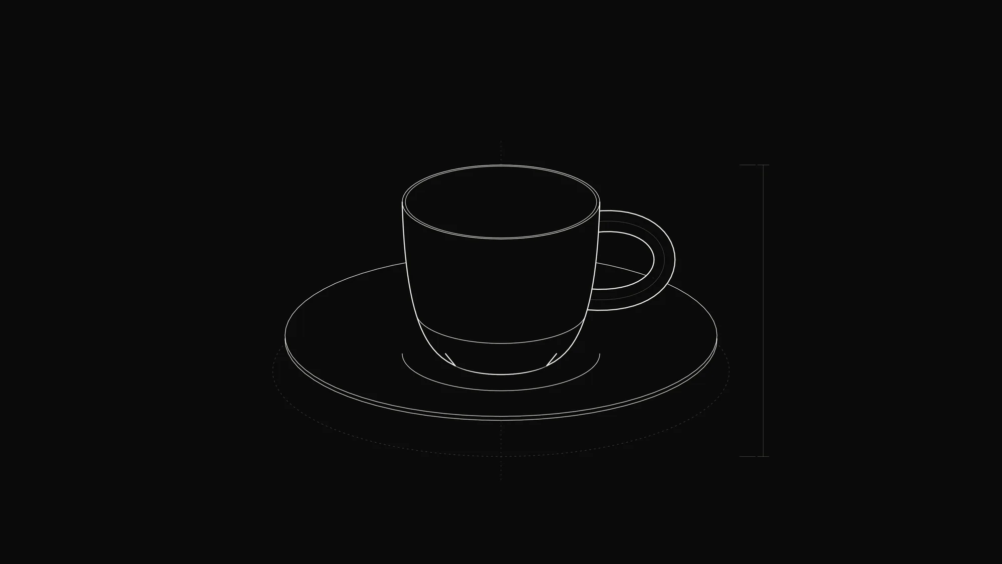 Coffee Cup Outline: A coffee cup on its saucer with handle and liquid ellipse, drawn as precise 3D outlines.