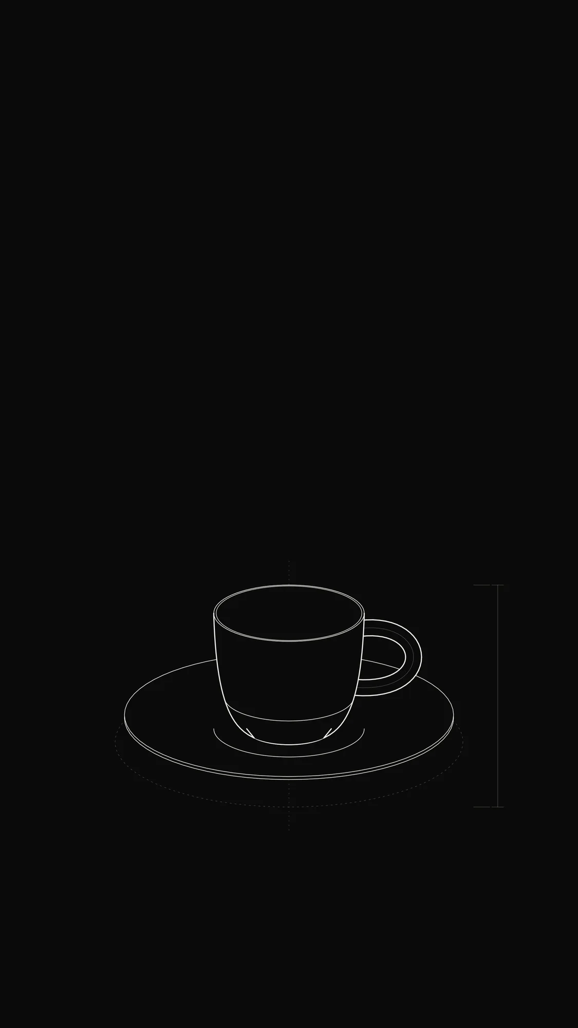 Coffee Cup Outline: A coffee cup on its saucer with handle and liquid ellipse, drawn as precise 3D outlines.