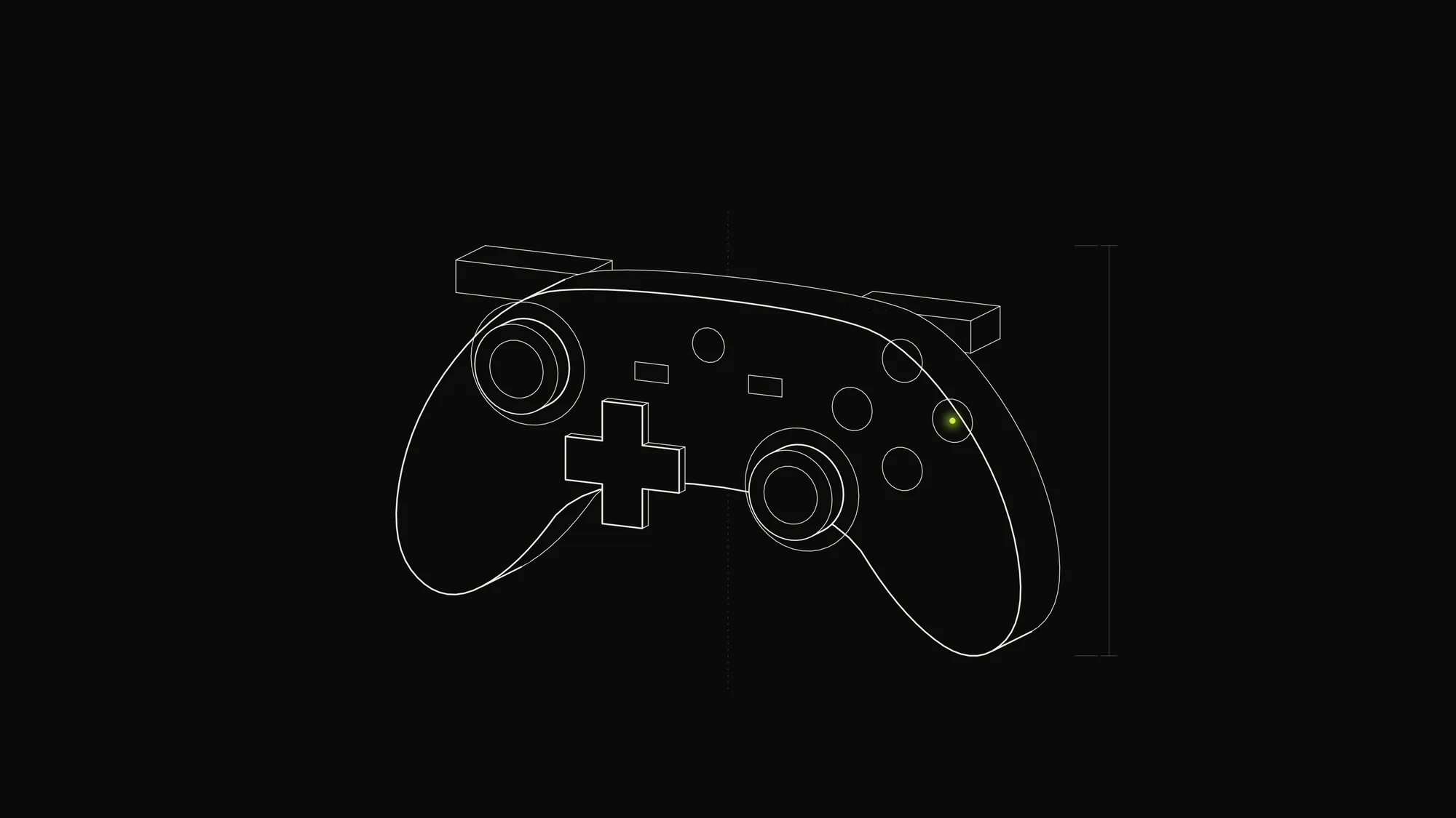 Game Controller Outline: A generic gamepad with twin thumbsticks, d-pad and face buttons, one of them lime.