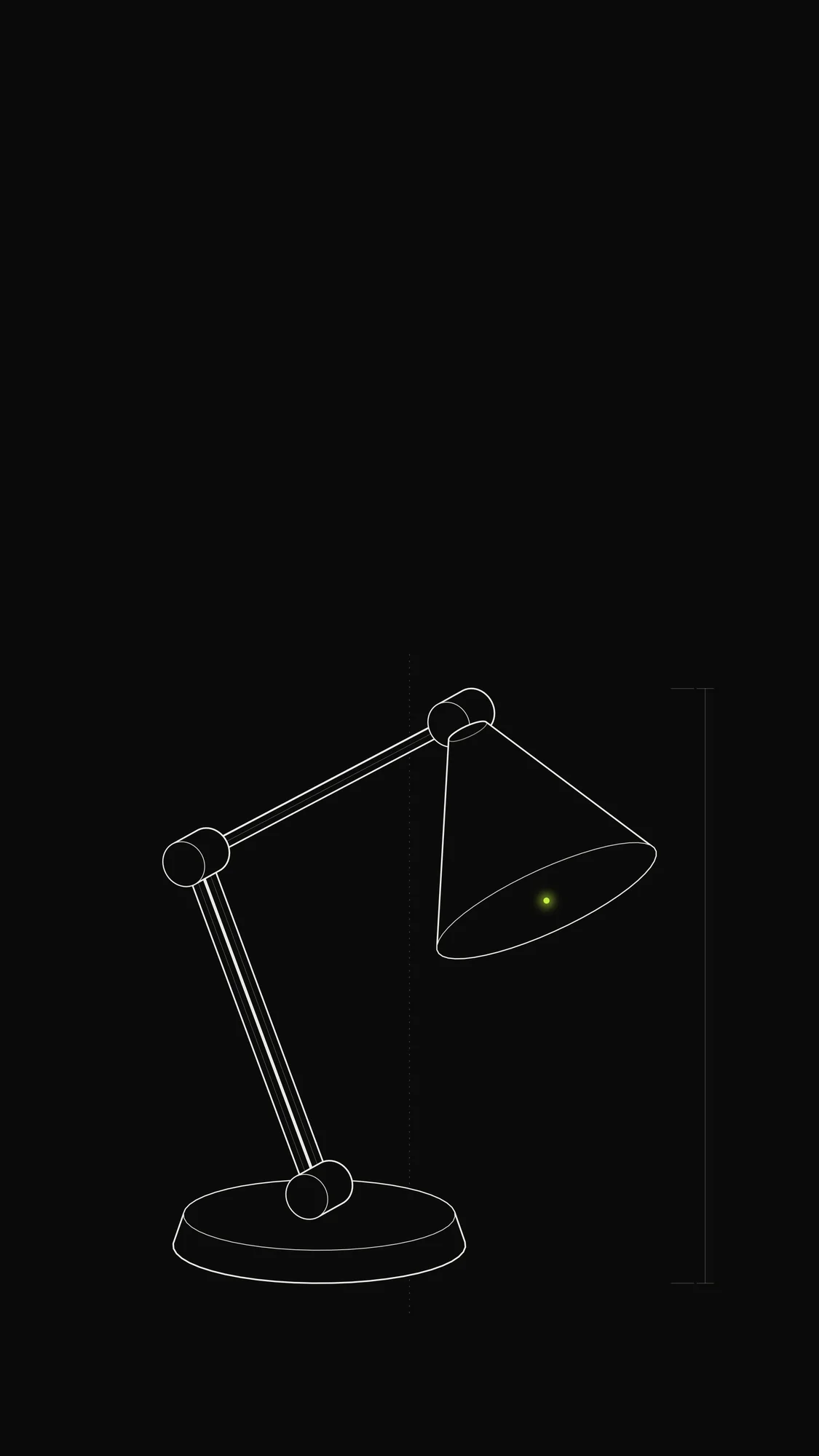 Articulated Desk Lamp Outline: An articulated desk lamp with parallel arms, round joints and a conical shade holding a lime bulb.