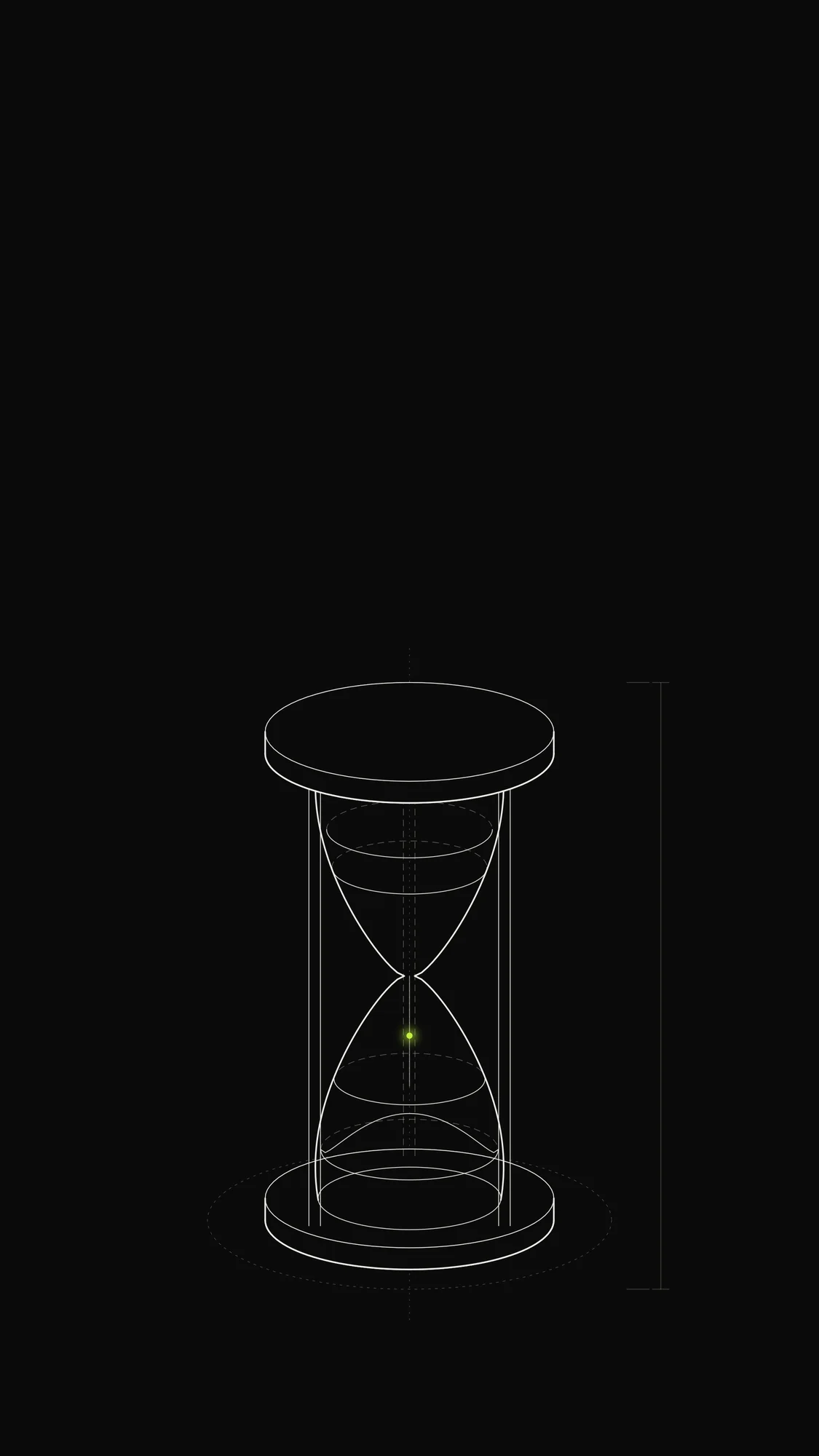 Hourglass Outline: A glass hourglass in 3/4 view with dashed rear contours, posts and a single falling lime grain of sand.